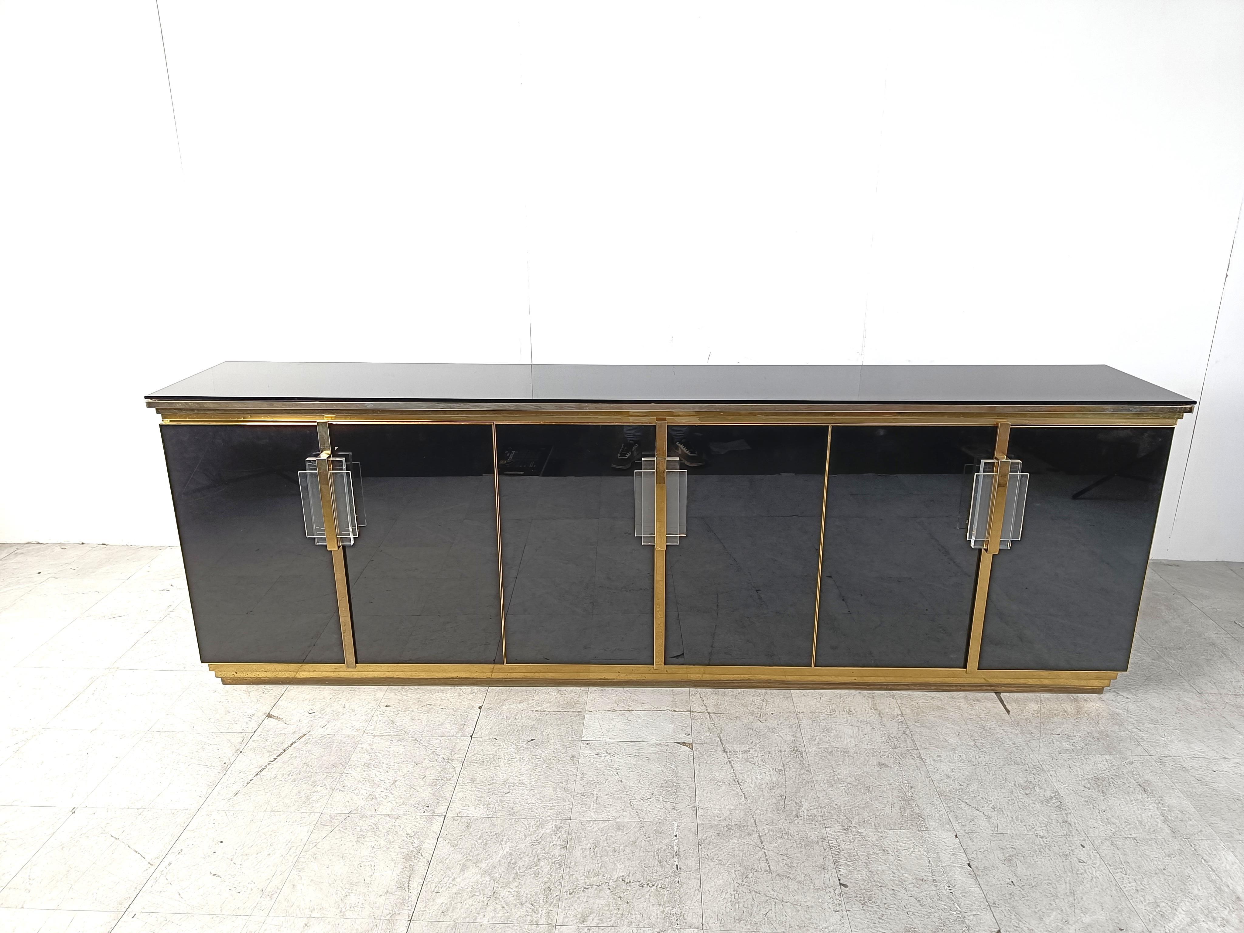 Hollywood Regency Vintage Black Lacquered and black glass credenza, 1980s For Sale