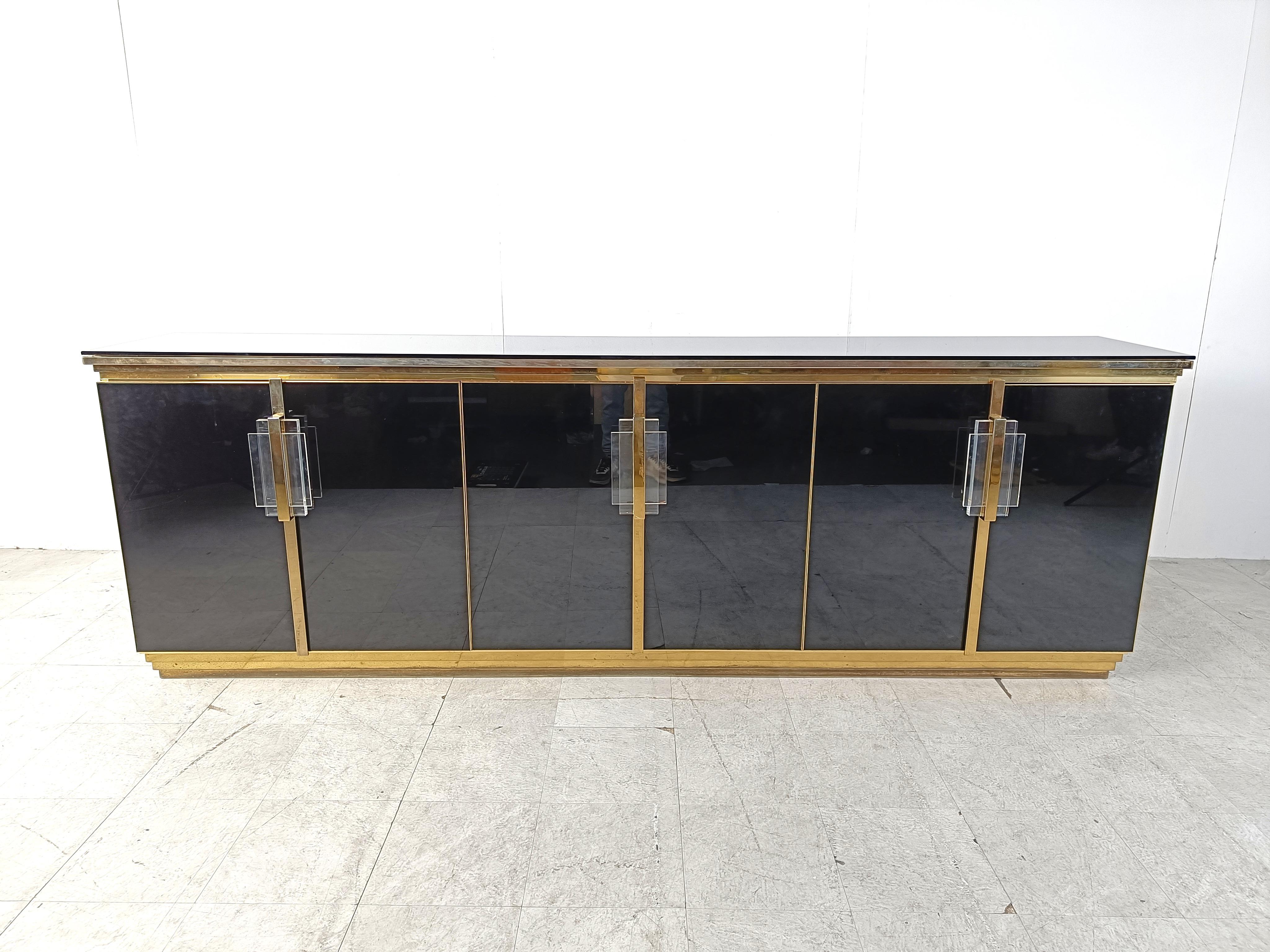 French Vintage Black Lacquered and black glass credenza, 1980s For Sale