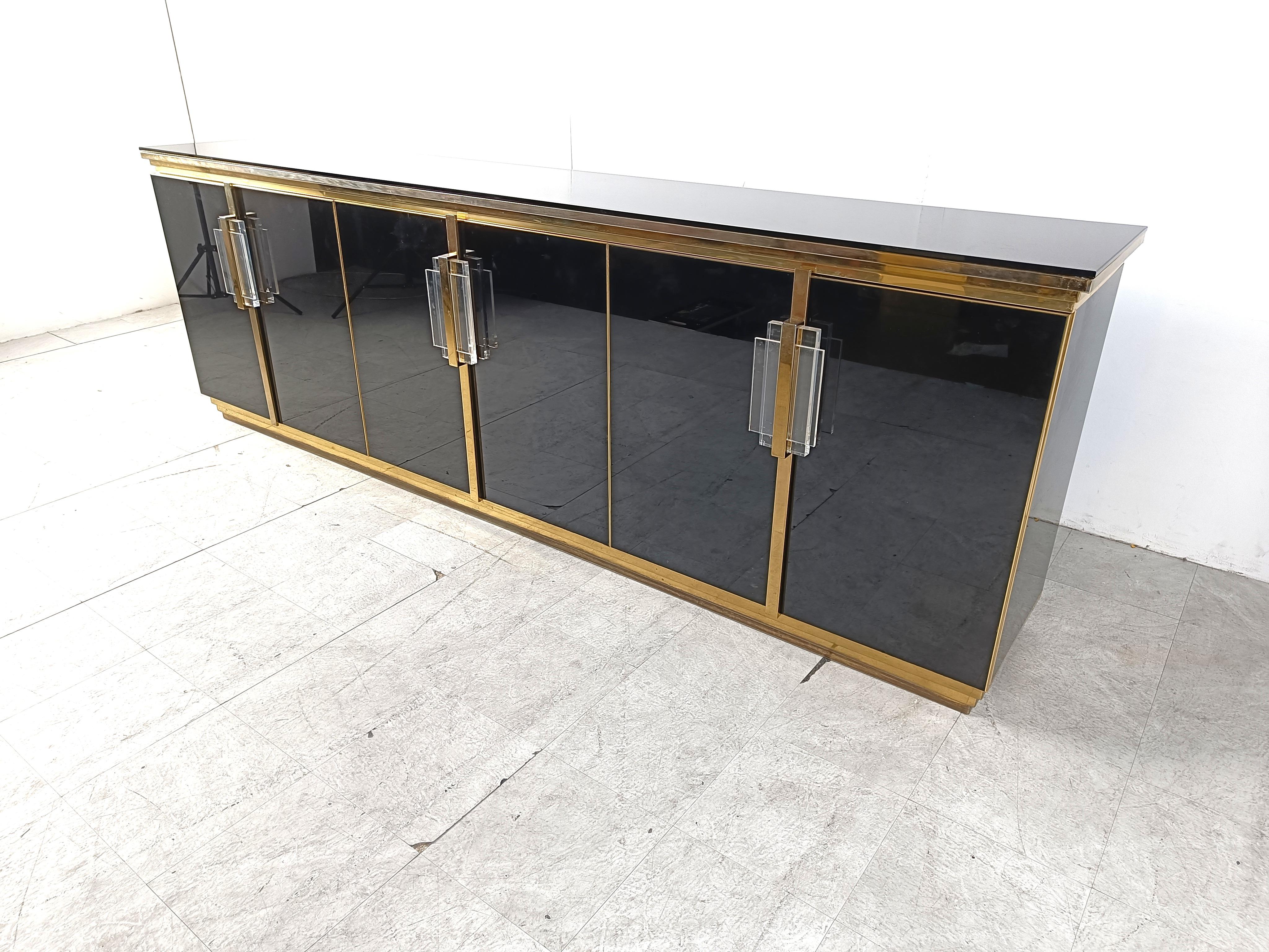 Late 20th Century Vintage Black Lacquered and black glass credenza, 1980s For Sale