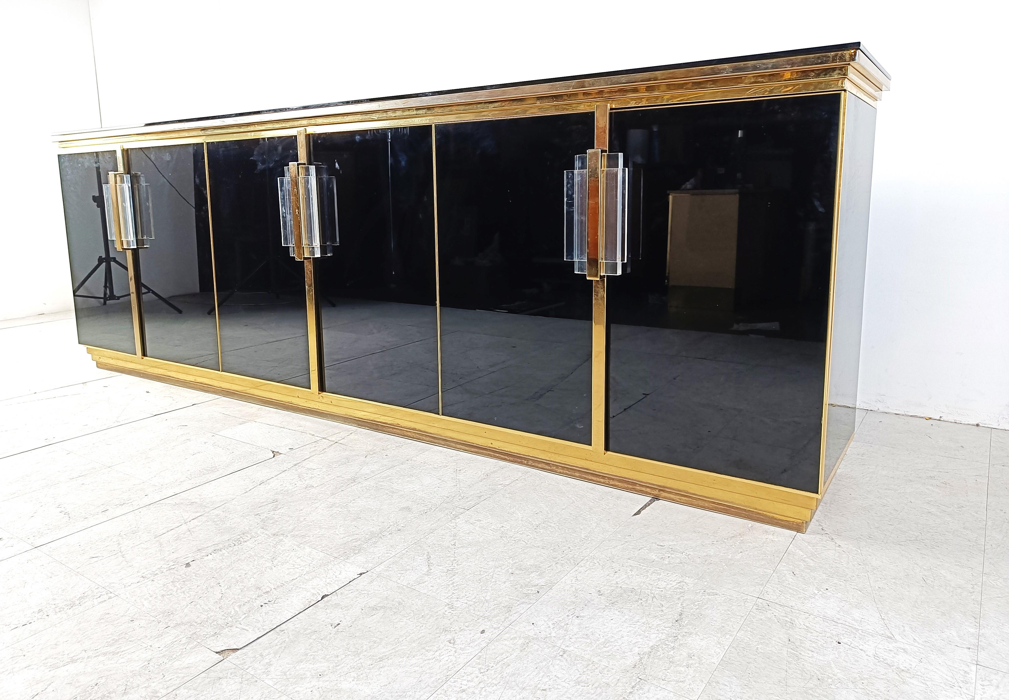 Brass Vintage Black Lacquered and black glass credenza, 1980s For Sale