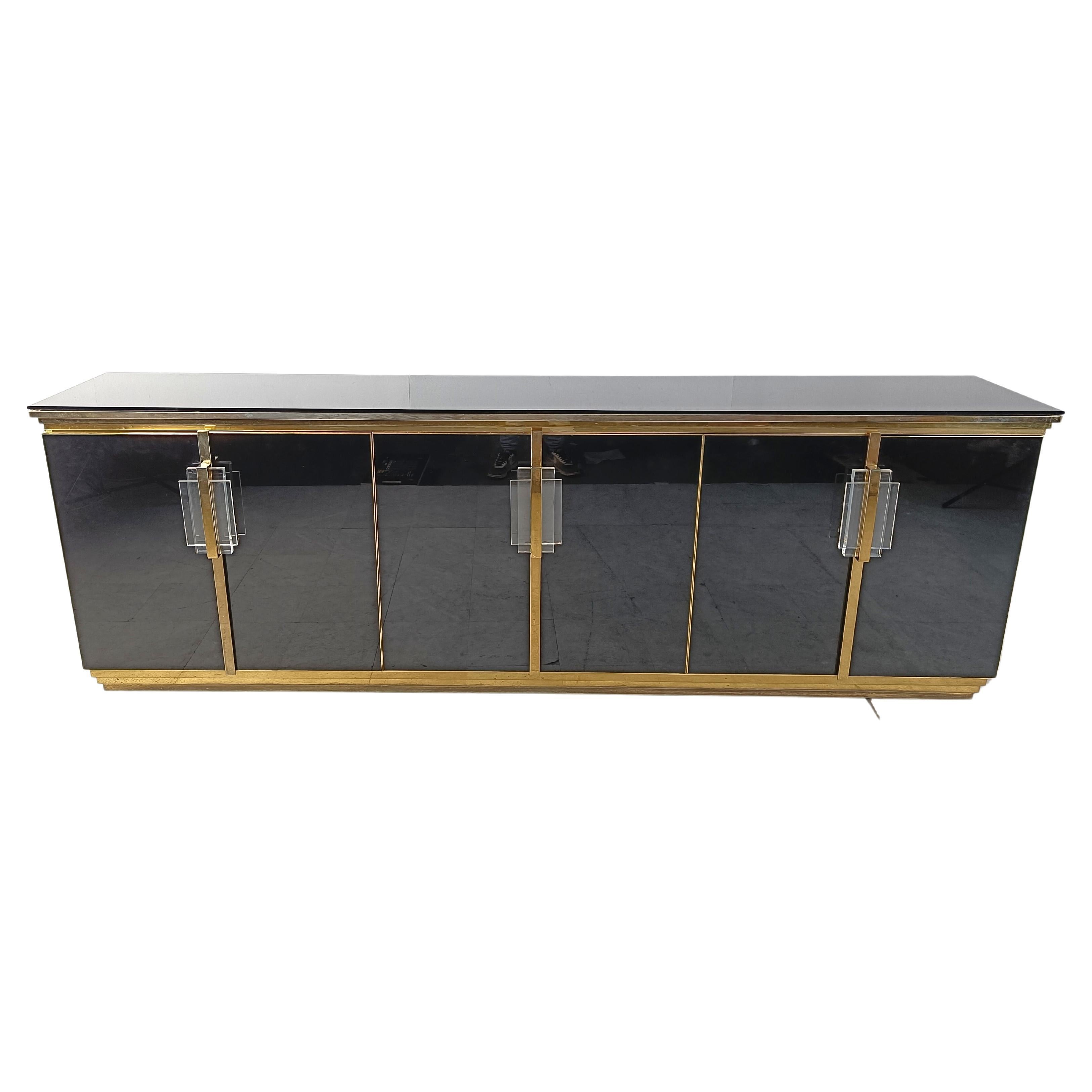 Vintage Black Lacquered and black glass credenza, 1980s For Sale