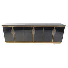 Vintage Black Lacquered and black glass credenza, 1980s