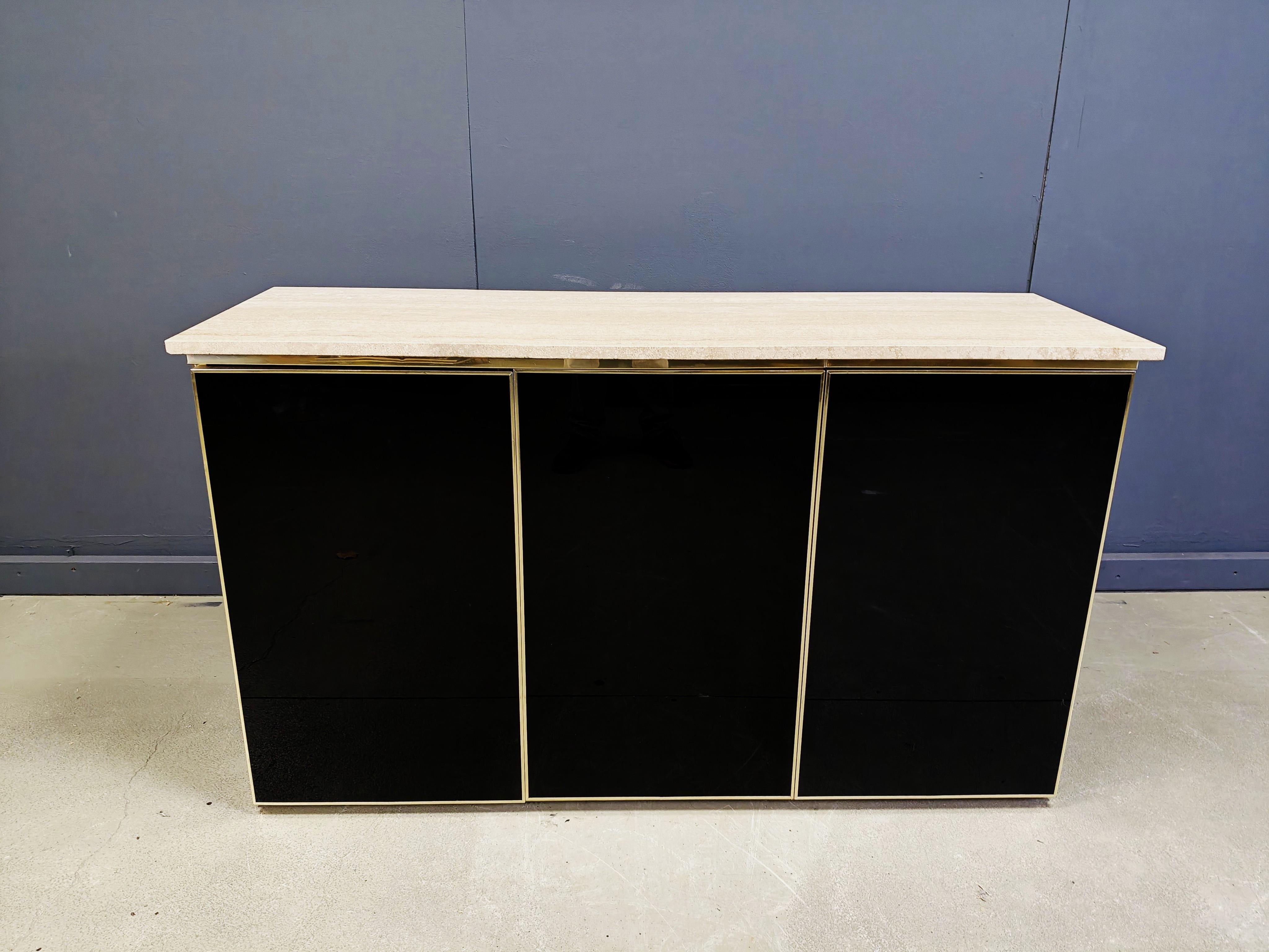 Crédence vintage en laque noire et travertin, années 1980 en vente 4