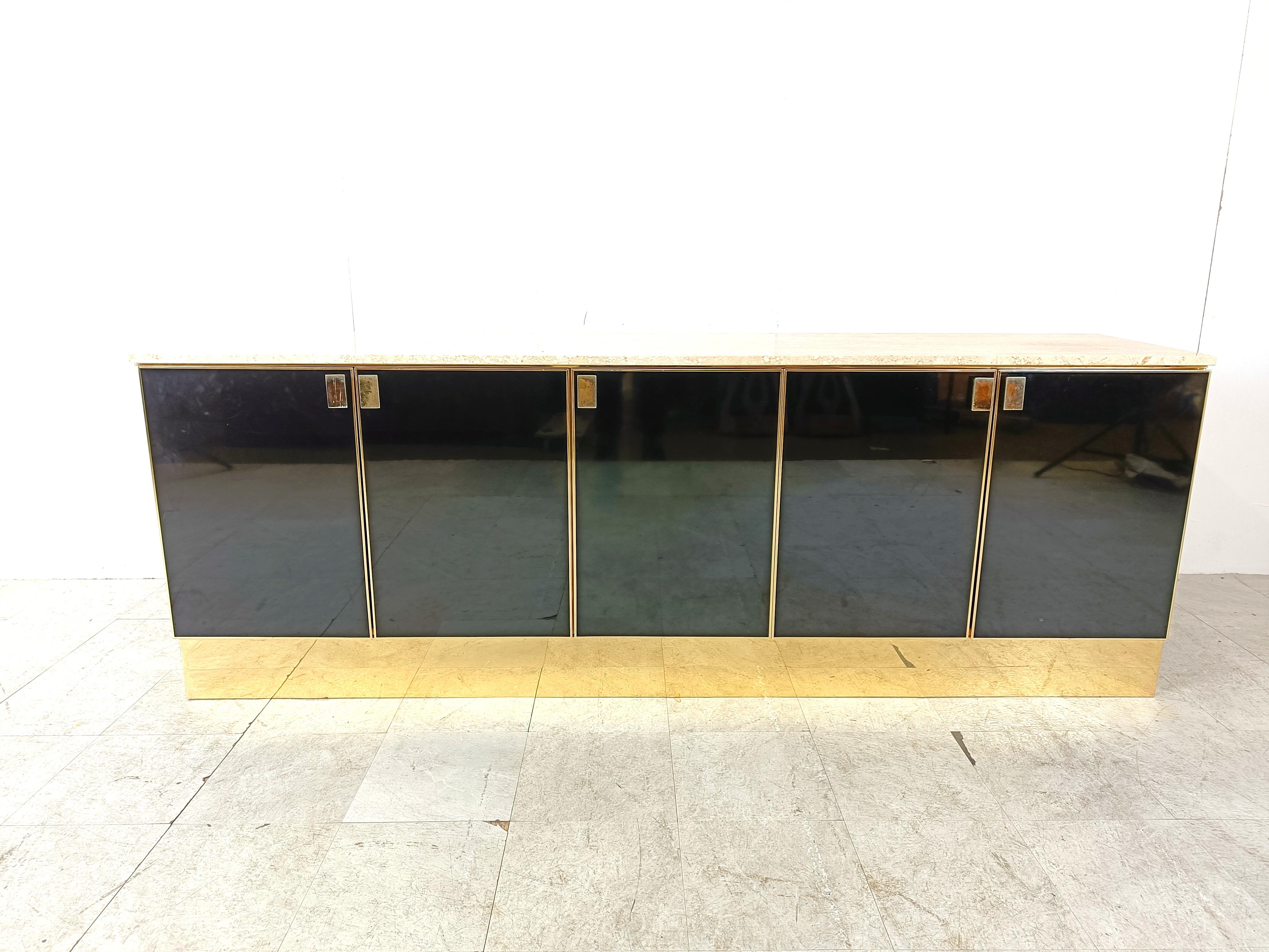 Hollywood Regency Vintage Black Lacquered and travertine credenza, 1980s For Sale