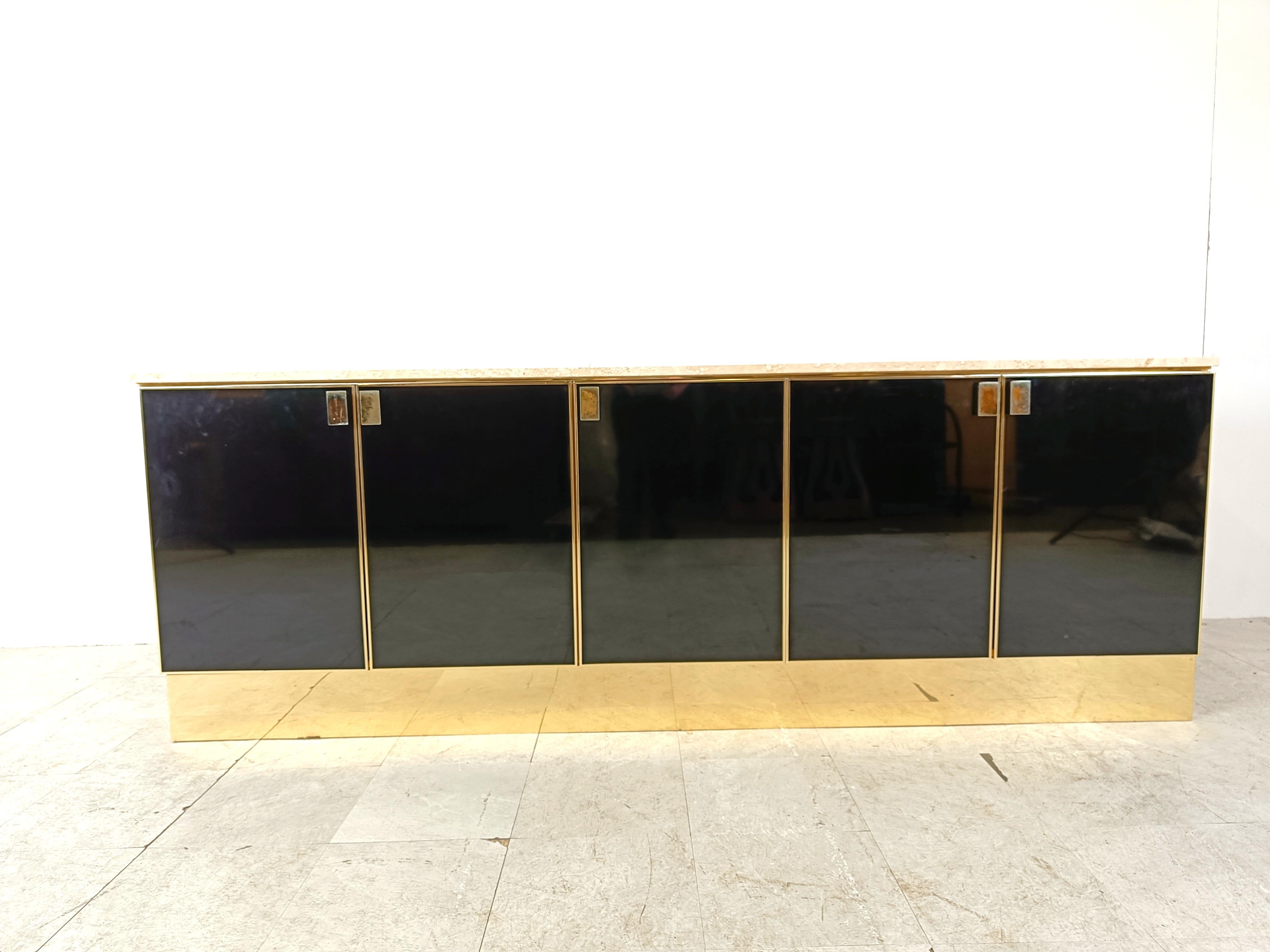 French Vintage Black Lacquered and travertine credenza, 1980s For Sale