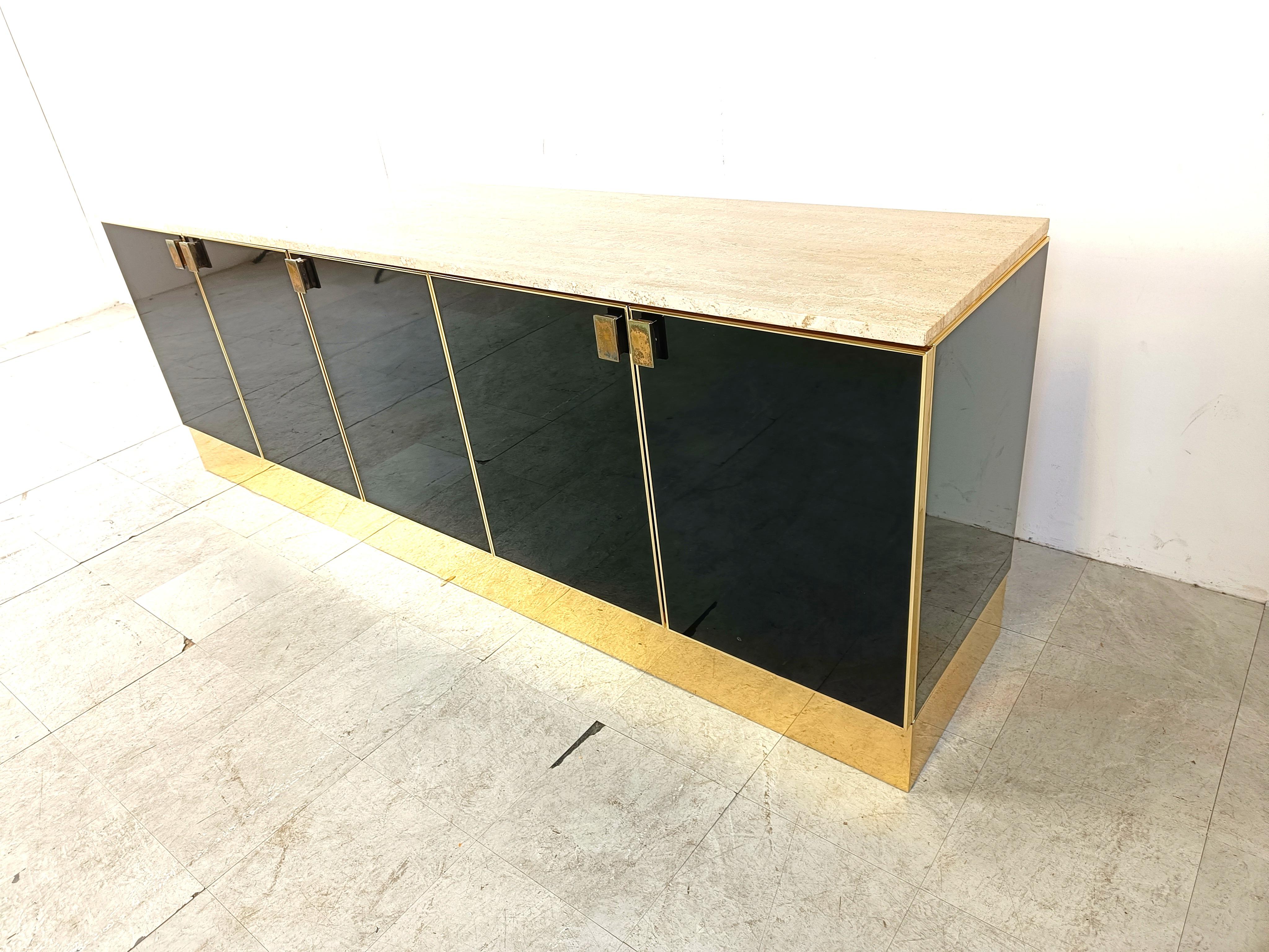 Late 20th Century Vintage Black Lacquered and travertine credenza, 1980s For Sale