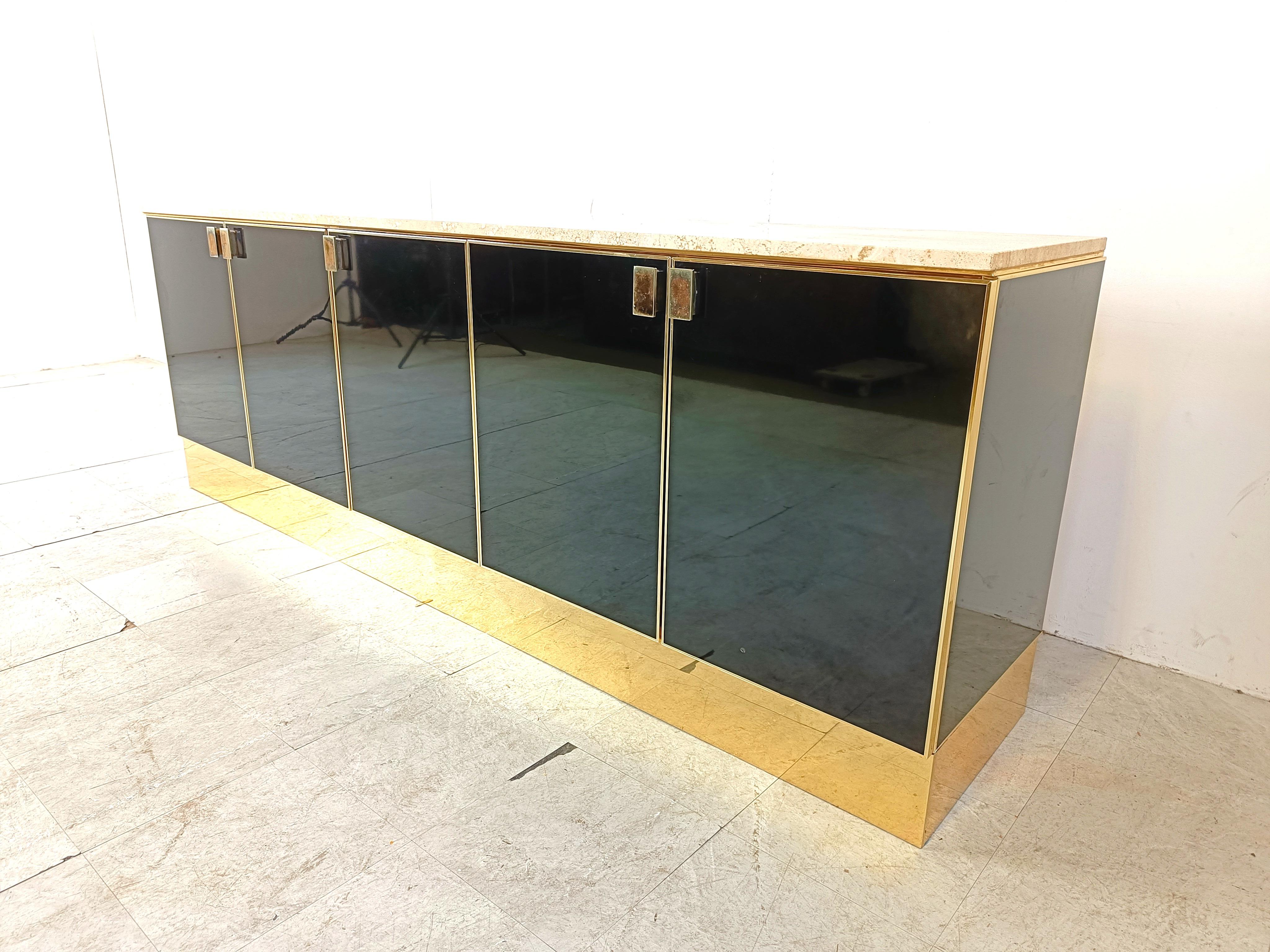 Brass Vintage Black Lacquered and travertine credenza, 1980s For Sale