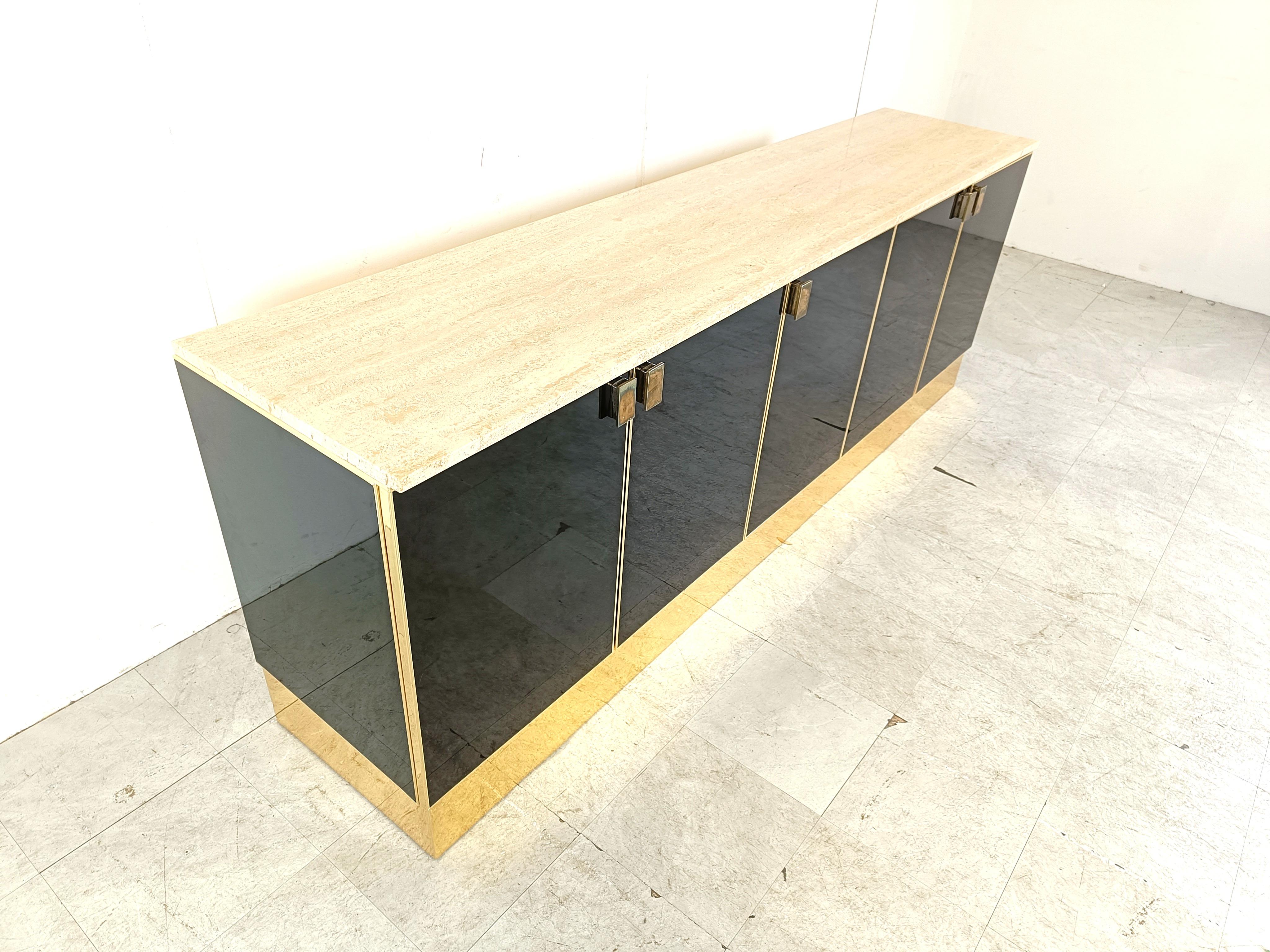 Vintage Black Lacquered and travertine credenza, 1980s For Sale 1