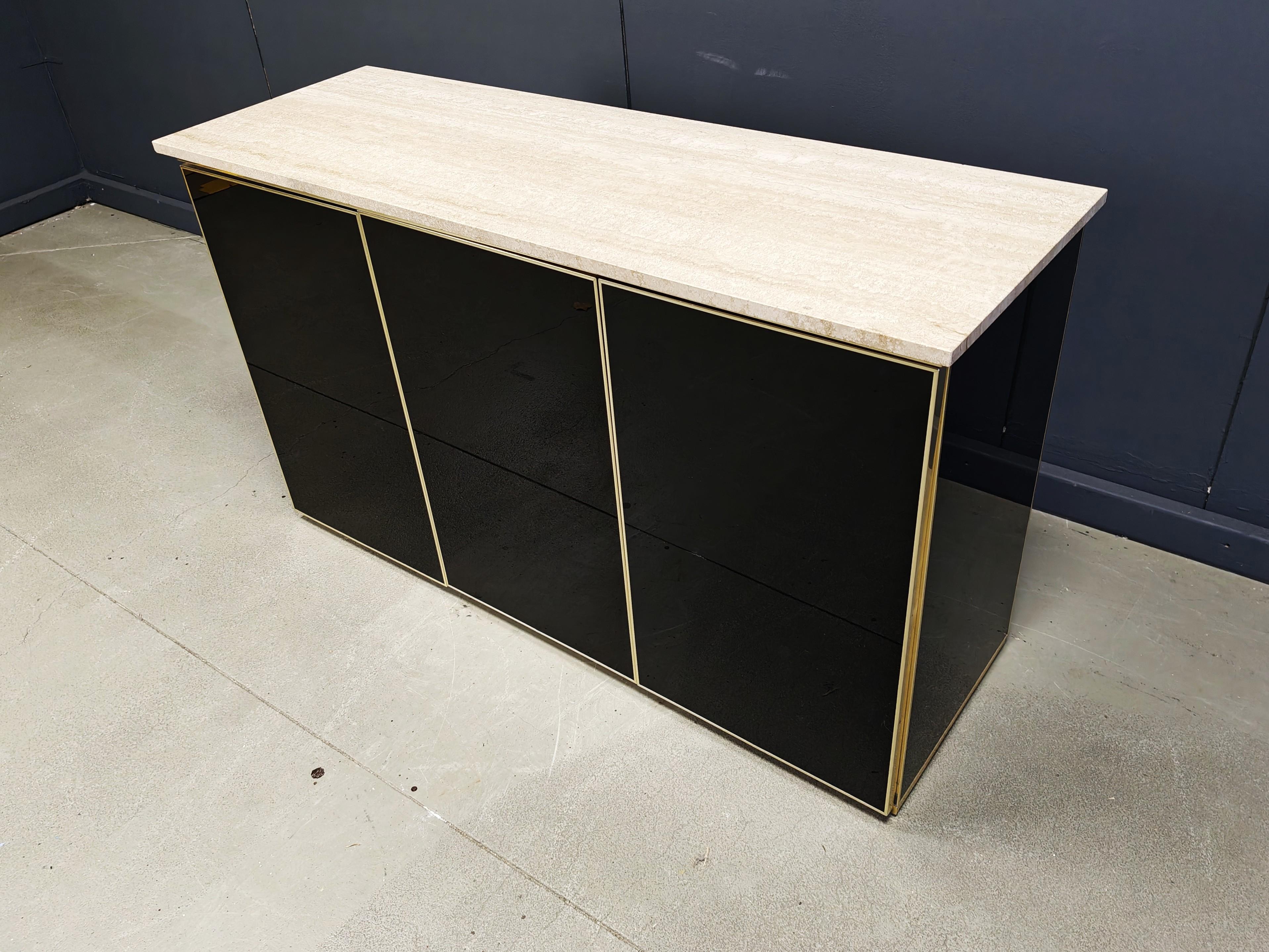 Crédence vintage en laque noire et travertin, années 1980 en vente 1