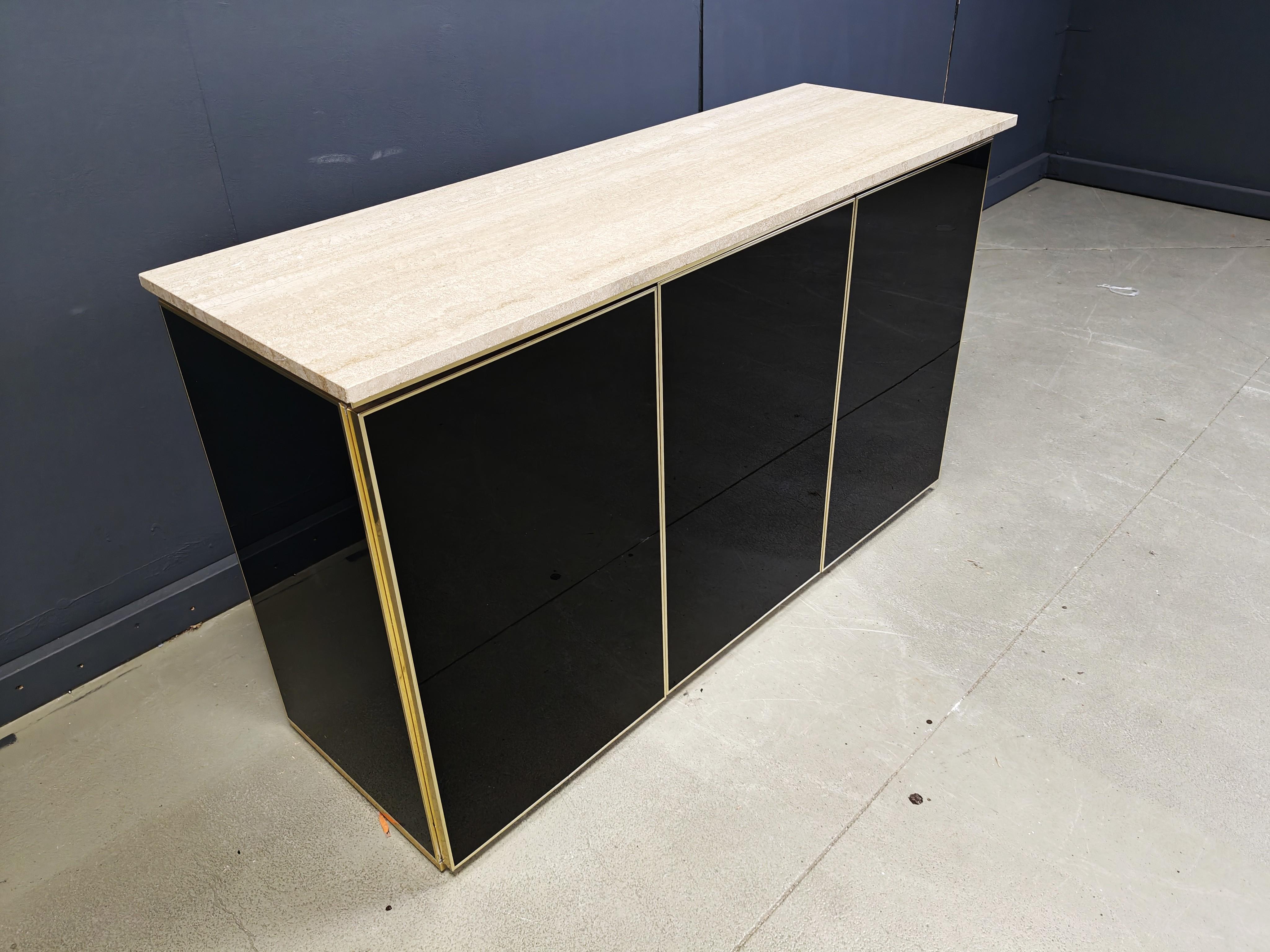 Crédence vintage en laque noire et travertin, années 1980 en vente 2
