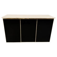 Vintage Black Lacquered and travertine credenza, 1980s