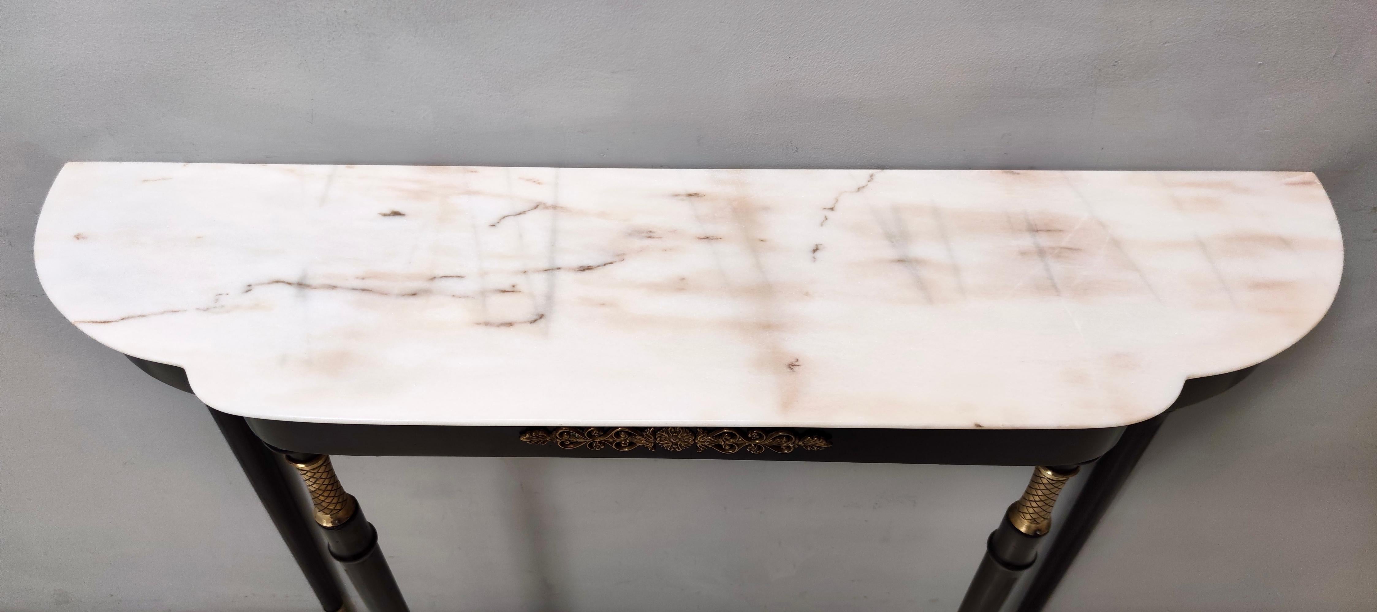 Brass Vintage Black Lacquered Beech Console with a Portuguese Pink Marble Top, Italy For Sale