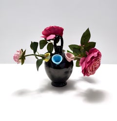 Vintage Black Lacquered Ceramic Tulip Vase Ascribable to Pucci Umbertide, Italy