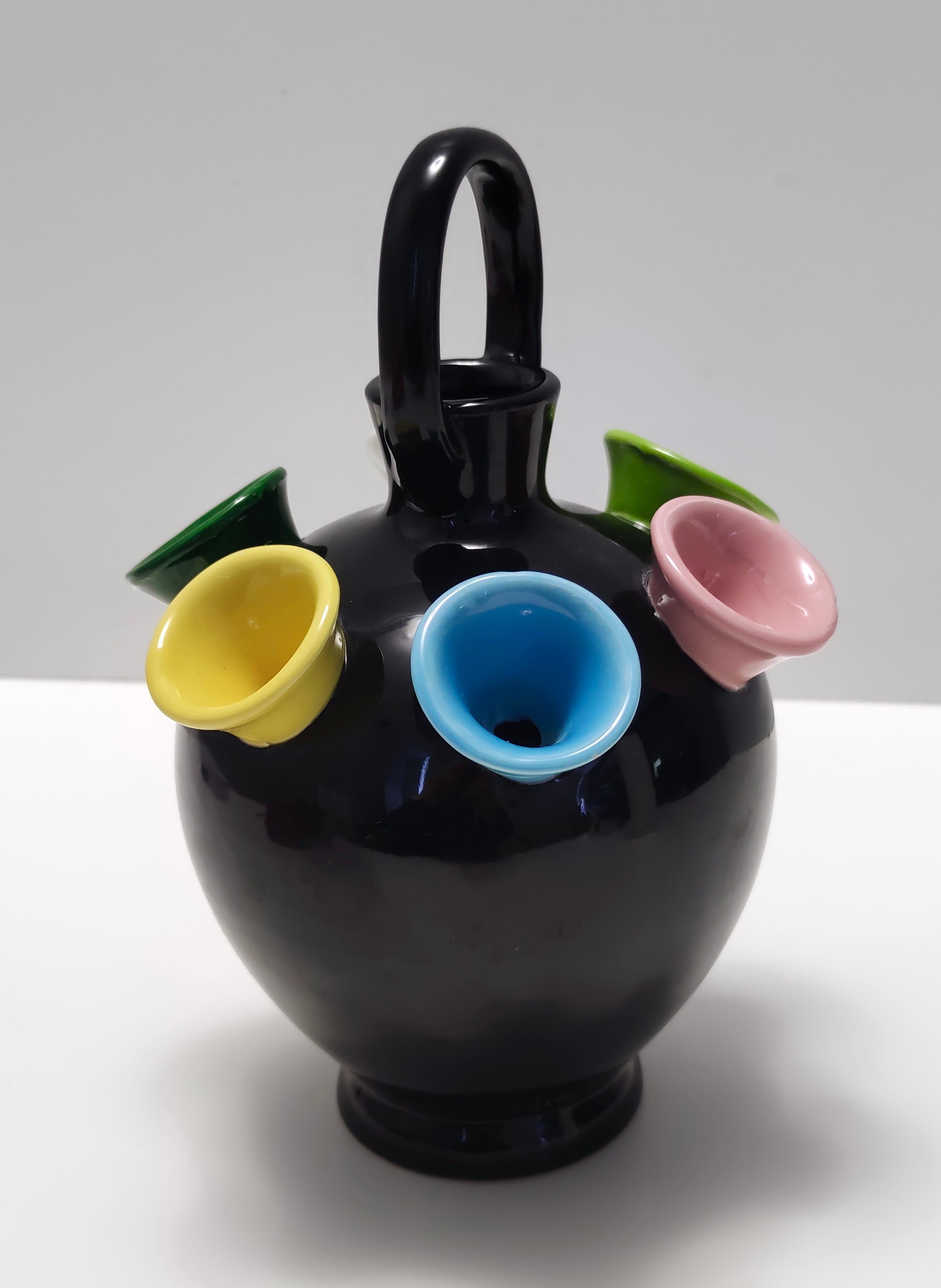 Mid-20th Century Vintage Black Lacquered Ceramic Tulip Vase Ascribable to Pucci Umbertide, Italy For Sale