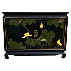 Vintage Black Lacquered Chinoiserie Buffet with Flora Design