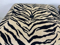 Vintage black lacquered chinoiserie upholstered benches/a pair