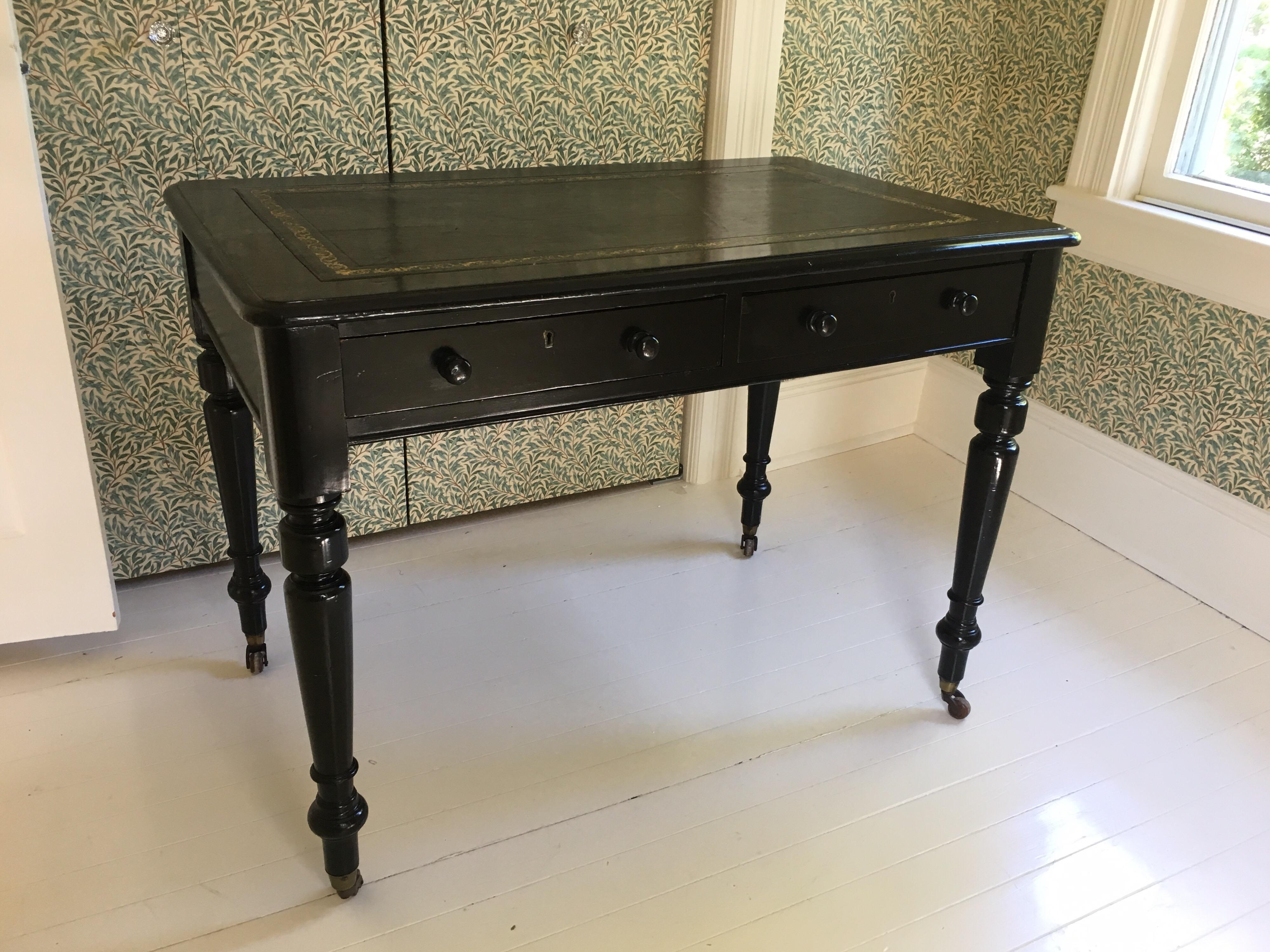Vintage Black Lacquered Desk with Leather Top In Good Condition In Southampton, NY
