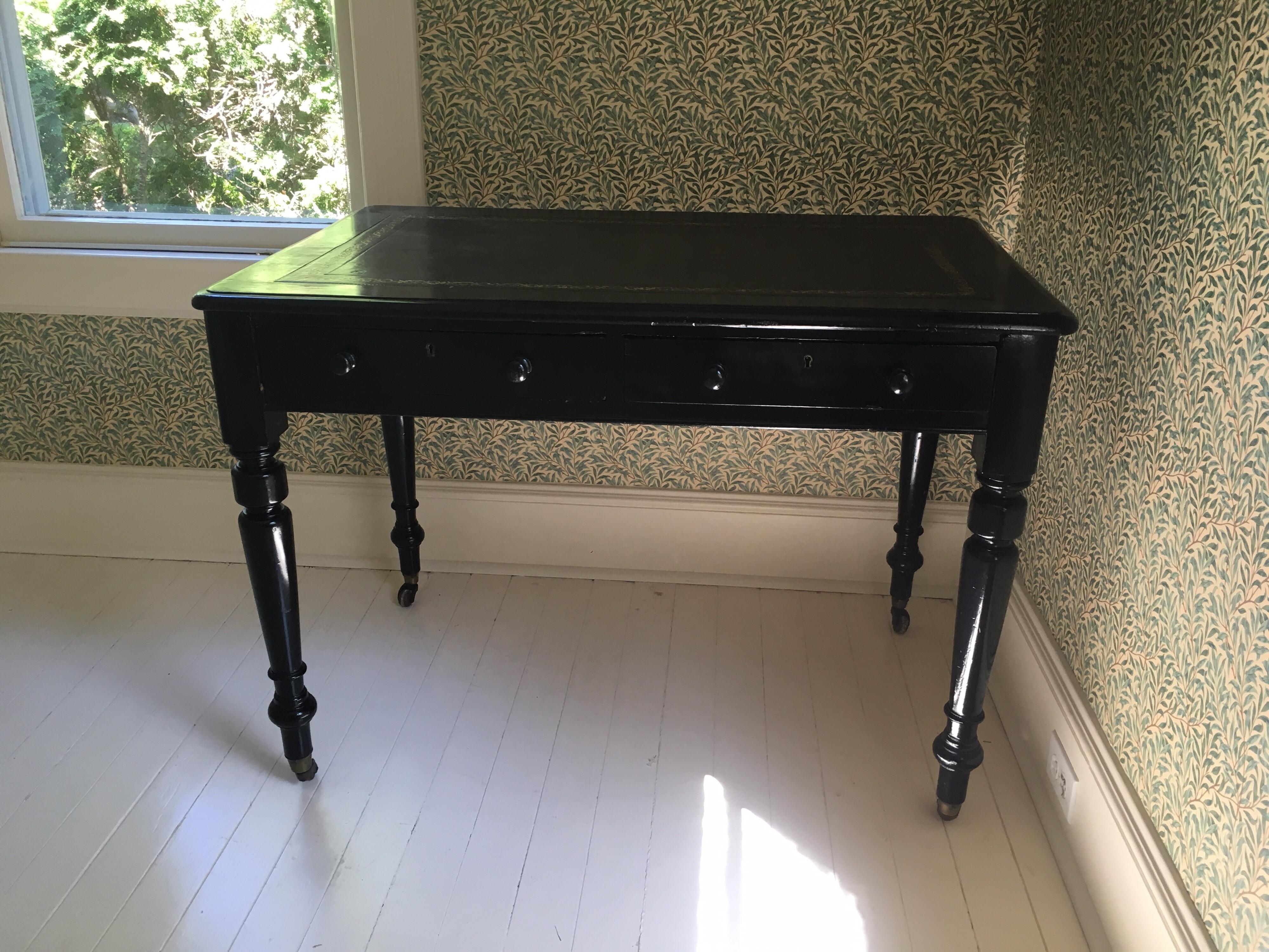 20th Century Vintage Black Lacquered Desk with Leather Top