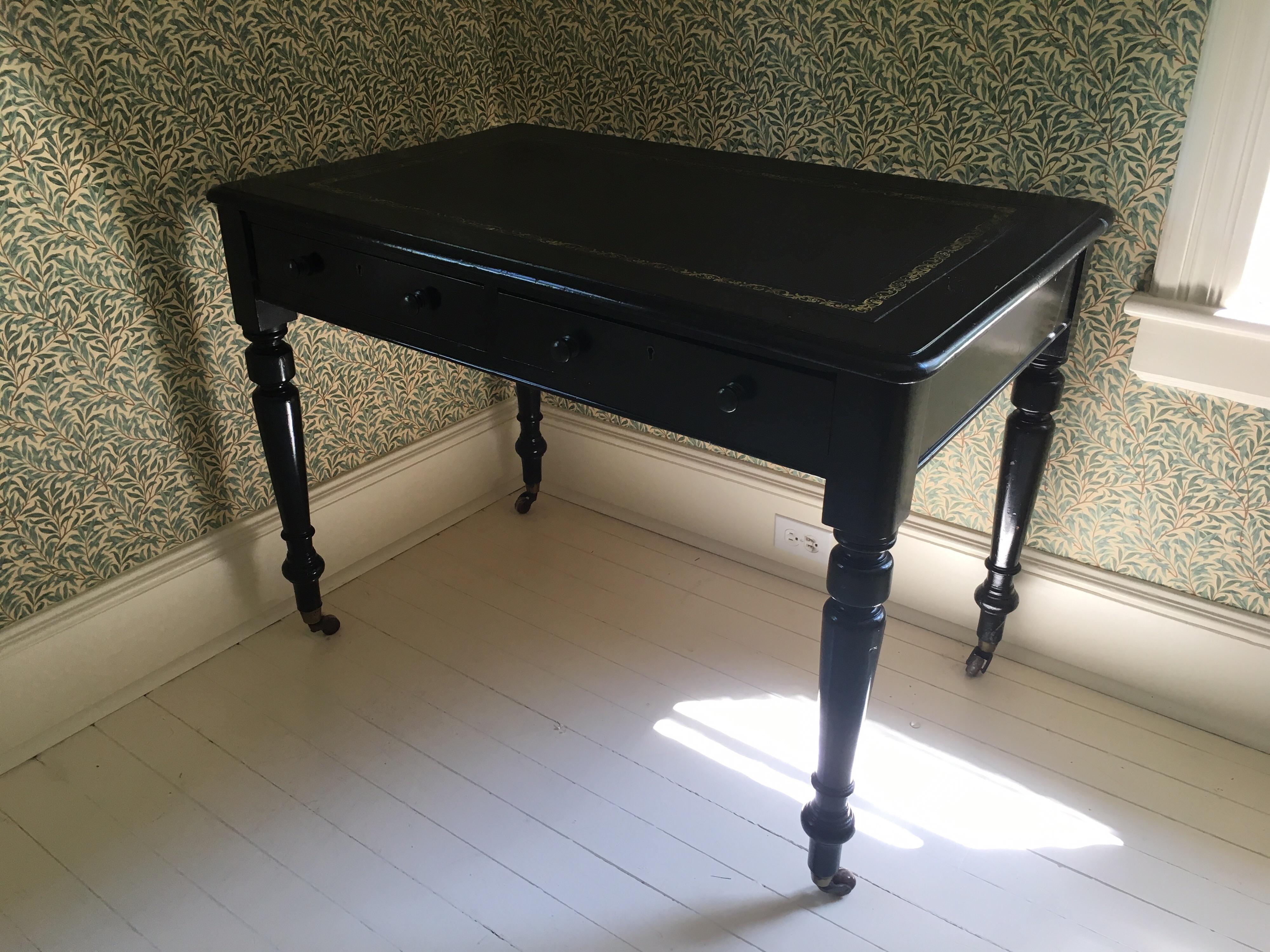 Wood Vintage Black Lacquered Desk with Leather Top