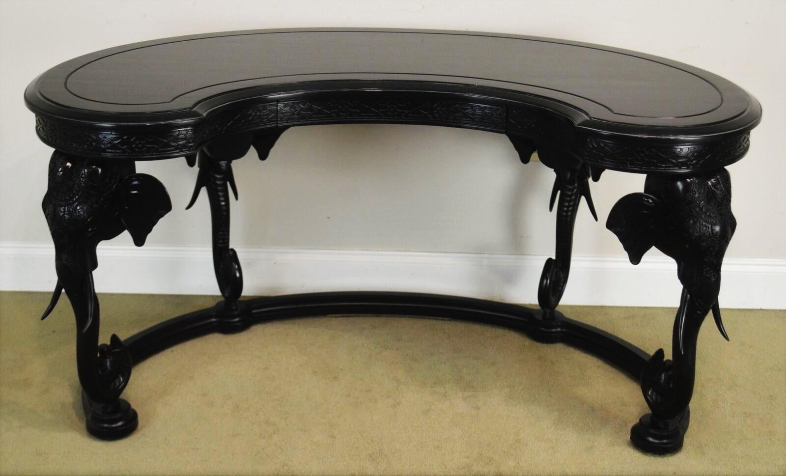 Hollywood Regency Vintage Black Lacquered Fretwork Elephant Desk