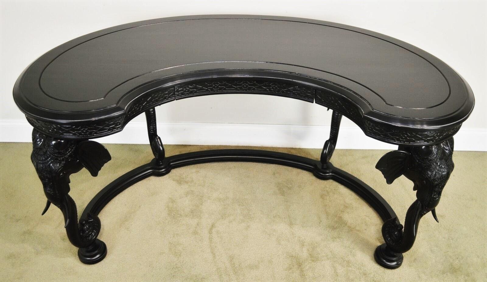 Vintage Black Lacquered Fretwork Elephant Desk In Good Condition In Dallas, TX