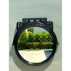 Vintage Black Lacquered Fretwork Round Wall Mirror