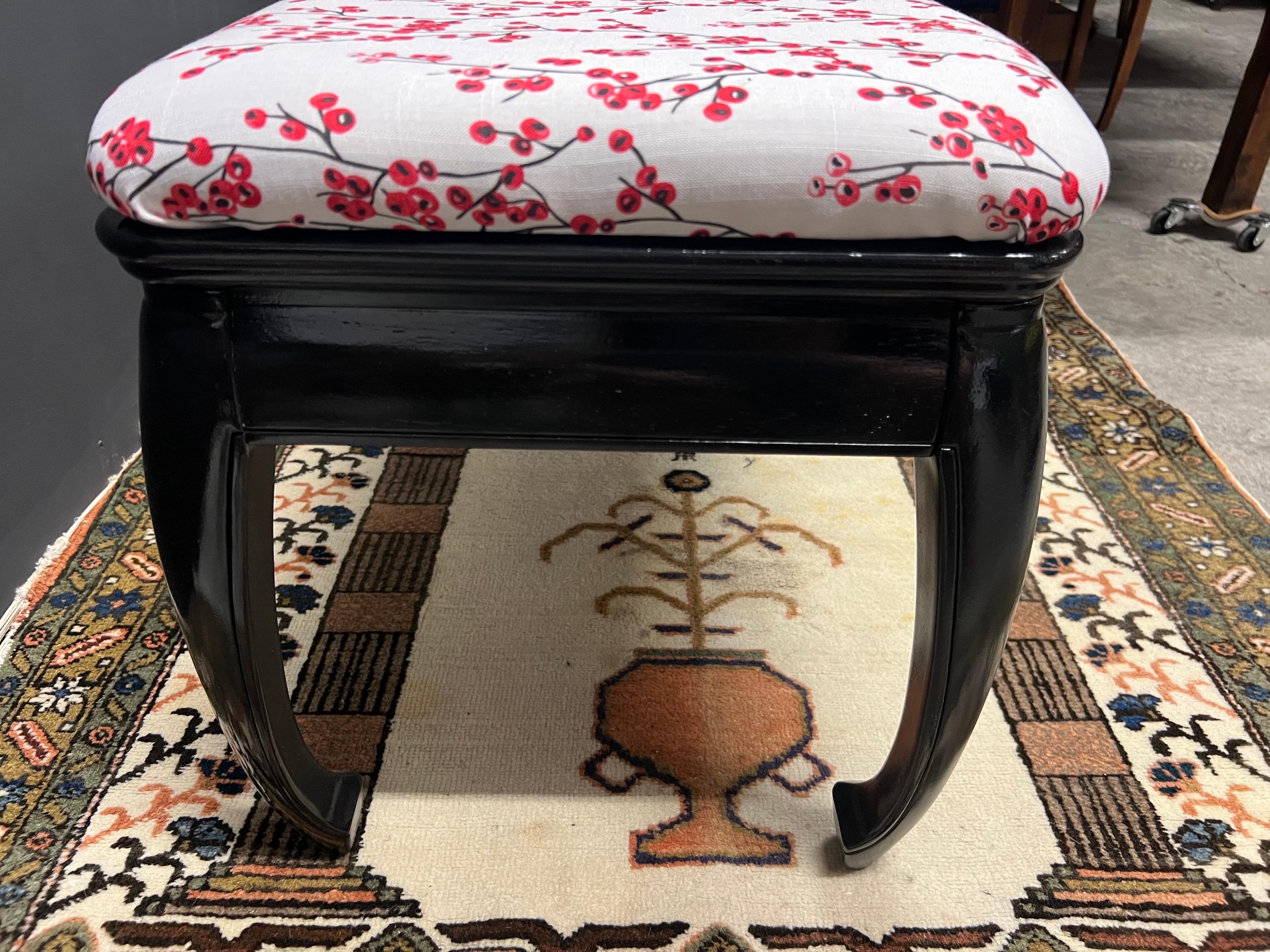 Vintage Black Lacquered Ming Style Upholstered Bench For Sale 4
