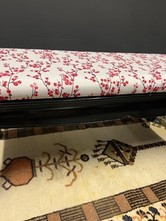 Vintage Black Lacquered Ming Style Upholstered Bench