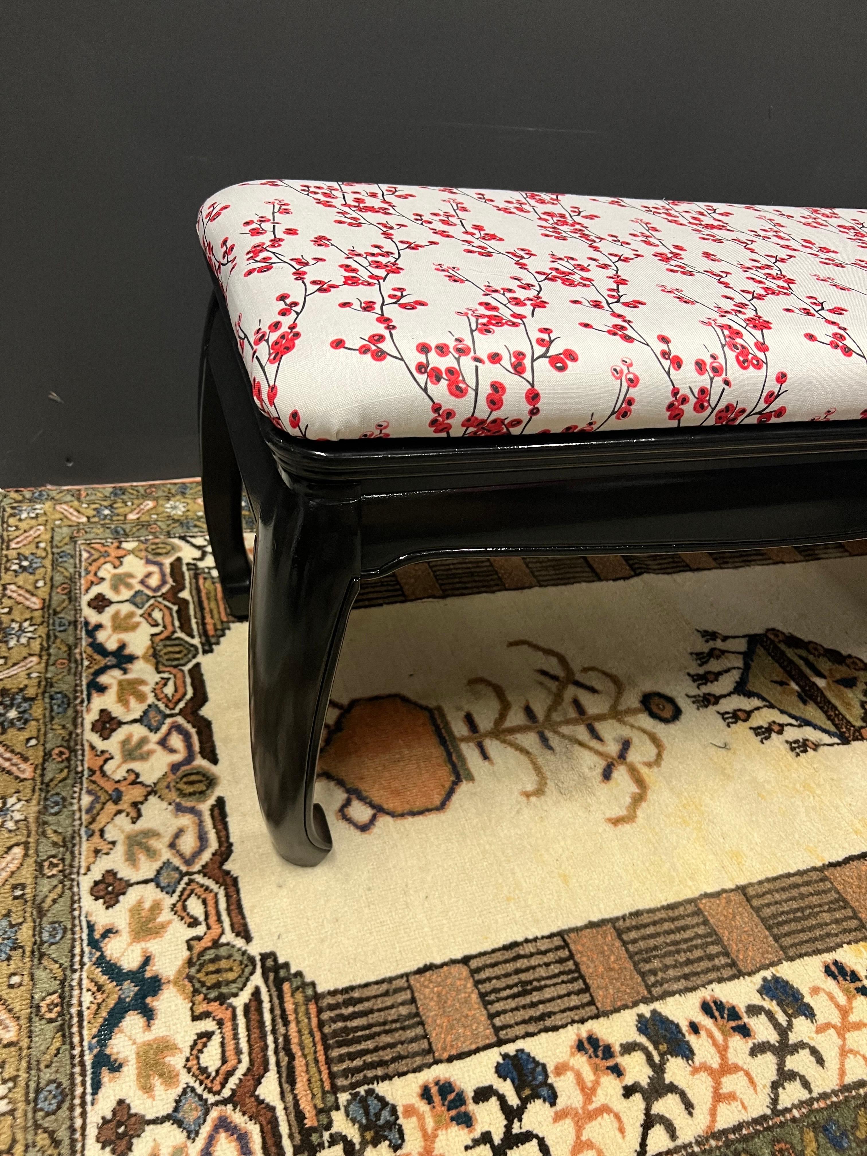 American Vintage Black Lacquered Ming Style Upholstered Bench For Sale