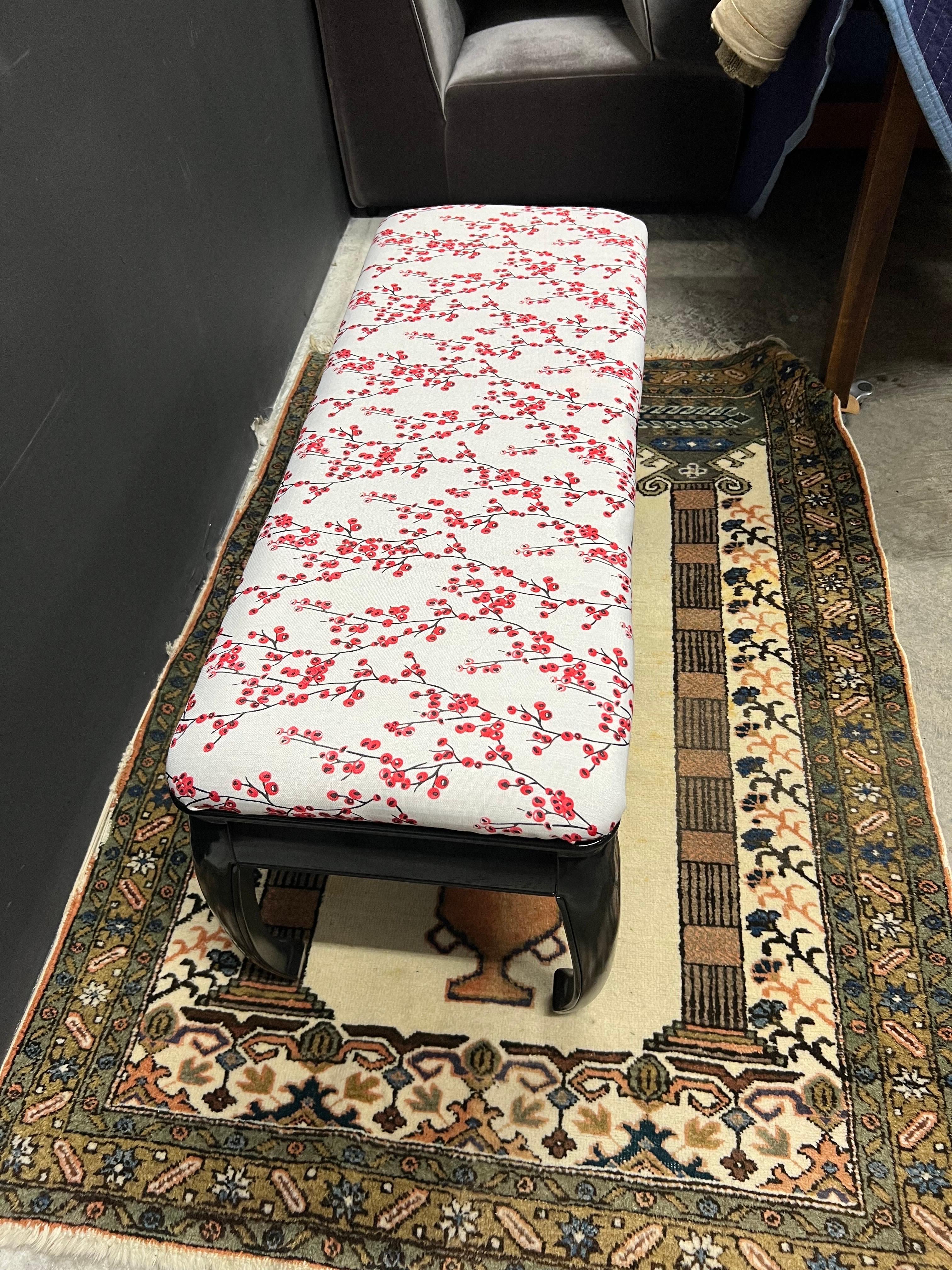 Vintage Black Lacquered Ming Style Upholstered Bench For Sale 1