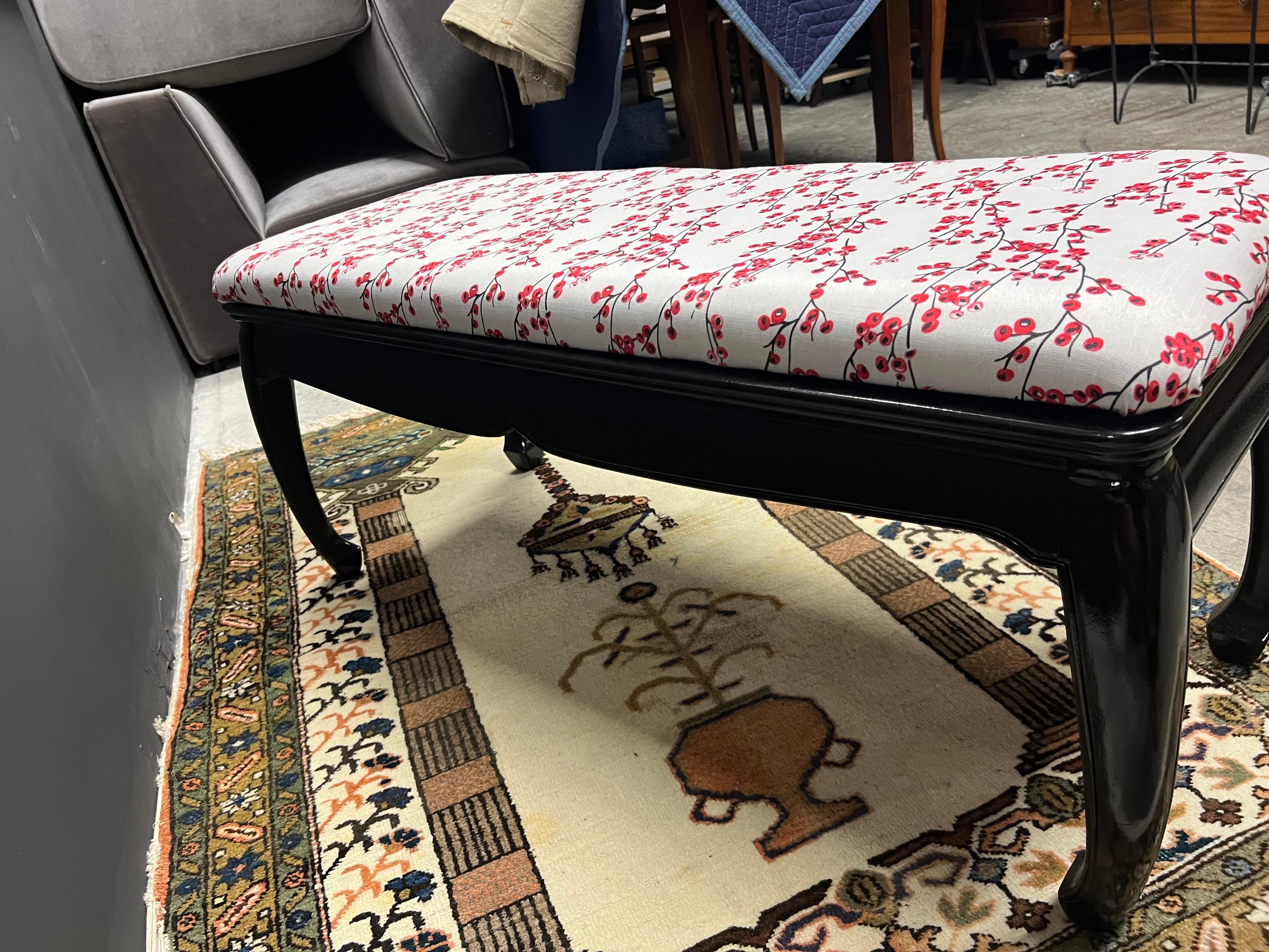 Vintage Black Lacquered Ming Style Upholstered Bench For Sale 2
