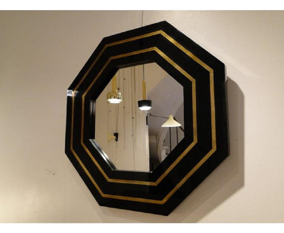 Mid-Century Modern Vintage Black Lacquered Mirror and Brass by Jean Claude Mahey 1970s, France
