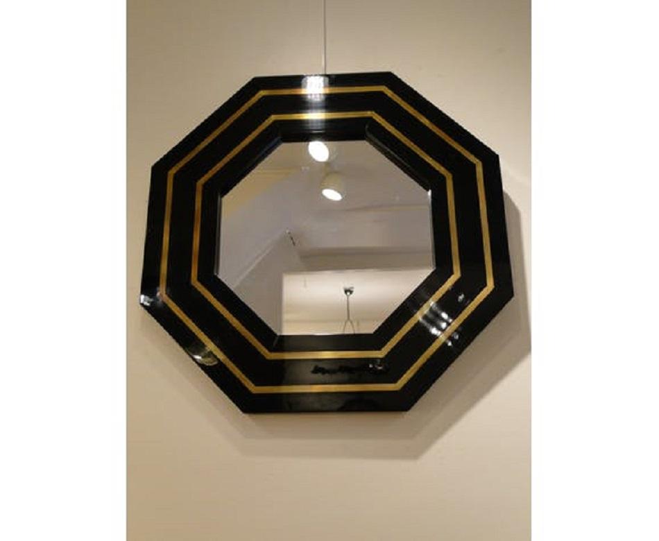 French Vintage Black Lacquered Mirror and Brass by Jean Claude Mahey 1970s, France