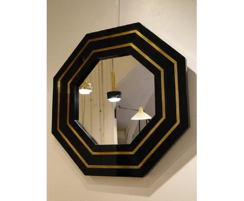Vintage Black Lacquered Mirror and Brass by Jean Claude Mahey 1970s, France In Good Condition In Lège Cap Ferret, FR