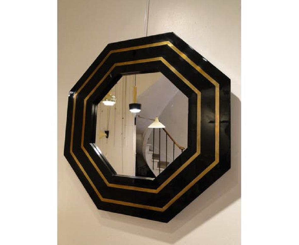 20th Century Vintage Black Lacquered Mirror and Brass by Jean Claude Mahey 1970s, France