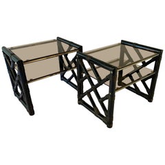 Vintage Black Lacquered Rattan Side Tables or Nightstands