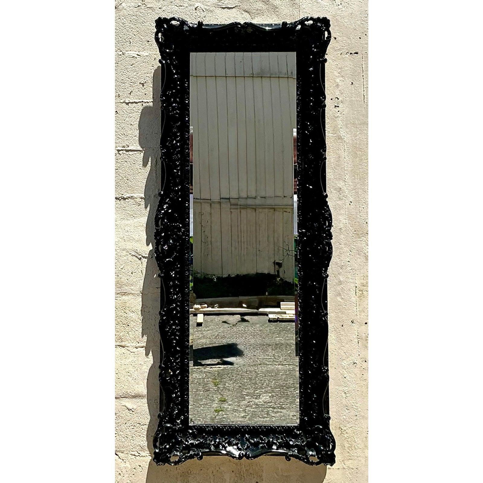 Espejo alto rococó vintage lacado en negro en venta 3