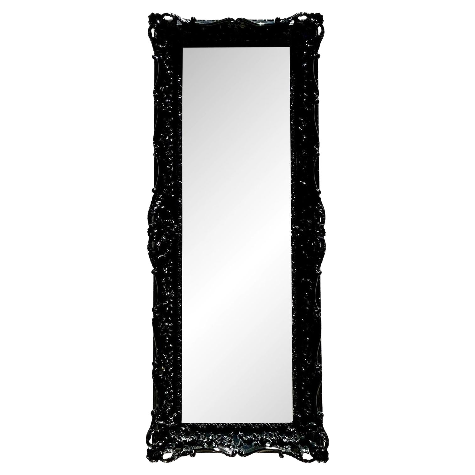 Vintage Black Lacquered Rococo Tall Mirror