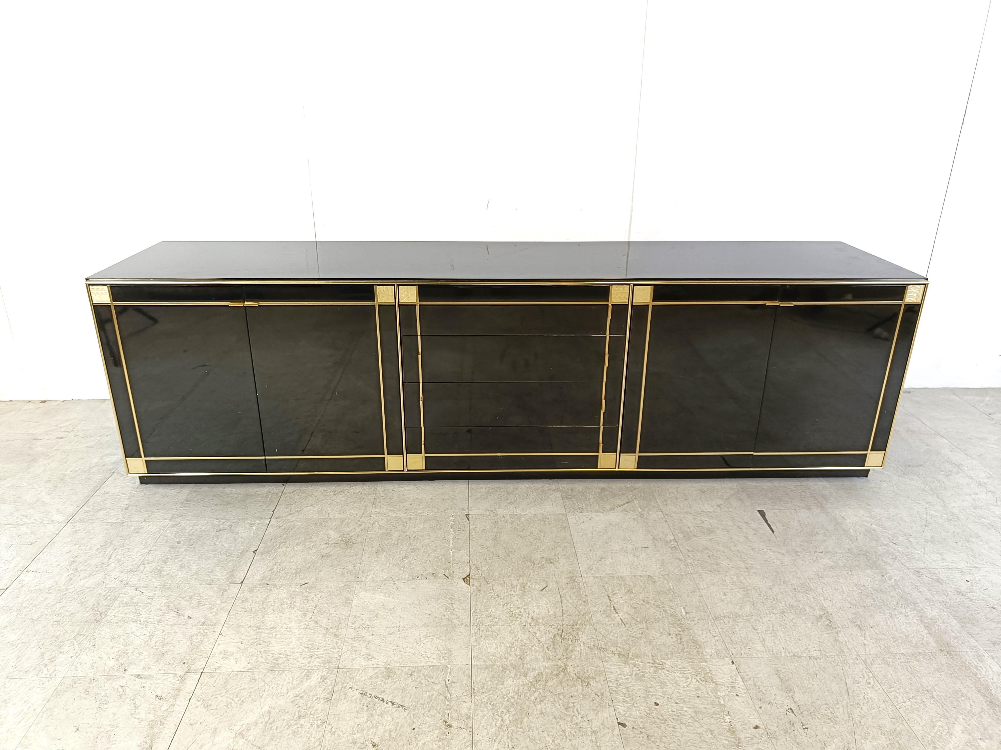 Hollywood Regency Vintage Black Lacquered Sideboard in Brass by Pierre Cardin, 1980s For Sale