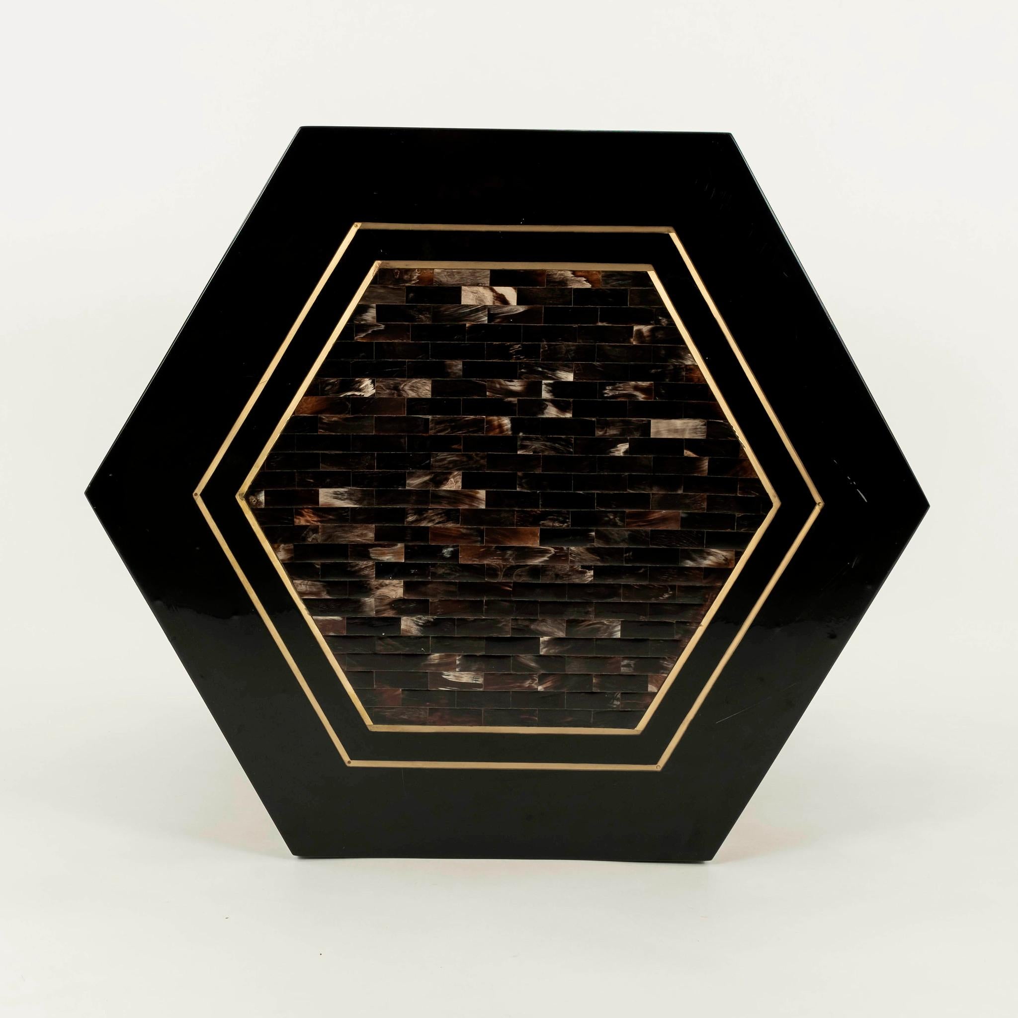 Brass Vintage Black Lacquered Tessellated Horn Hexagon Dining Table Base