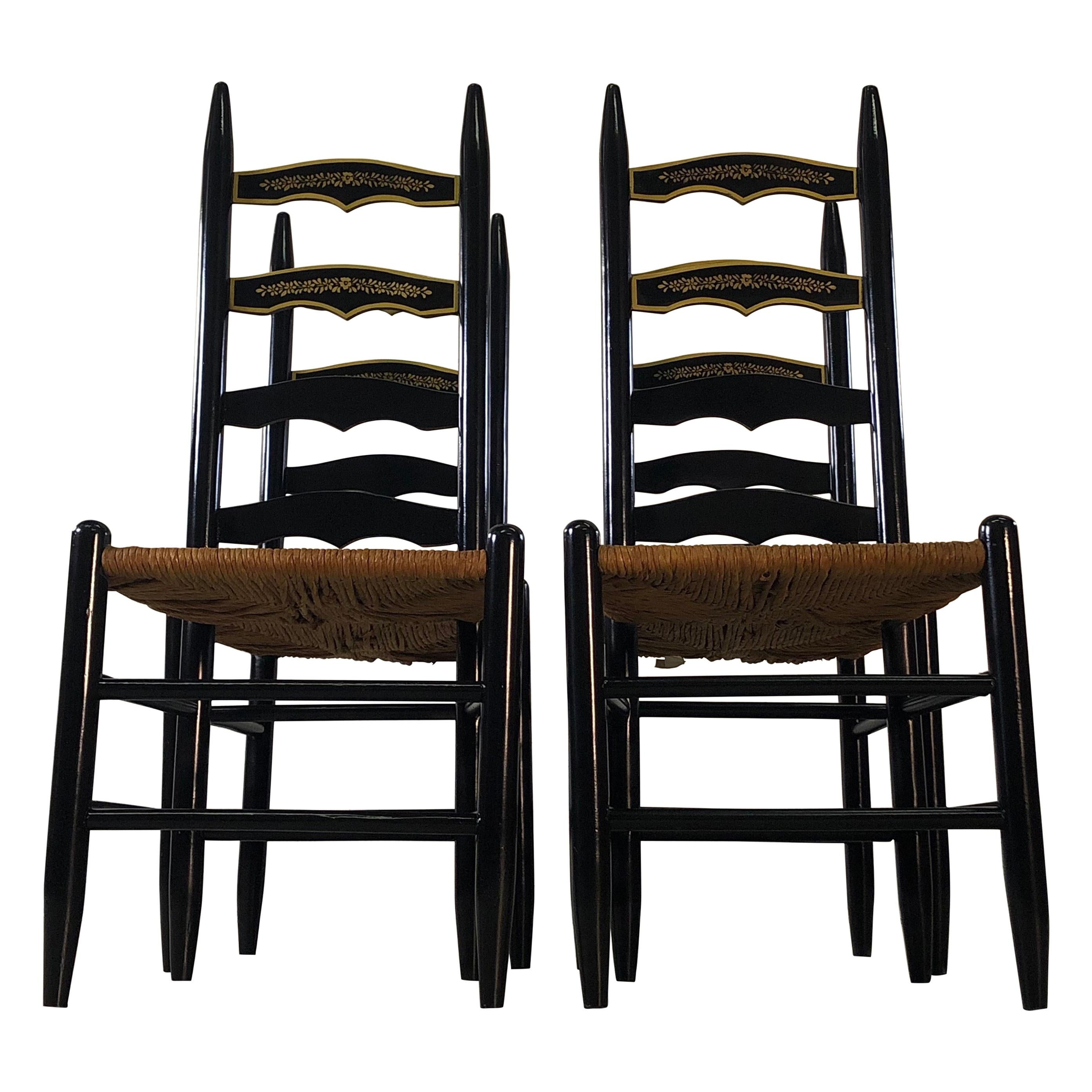 Vintage Black Ladder Back Dining Chairs, Set of 4 For Sale