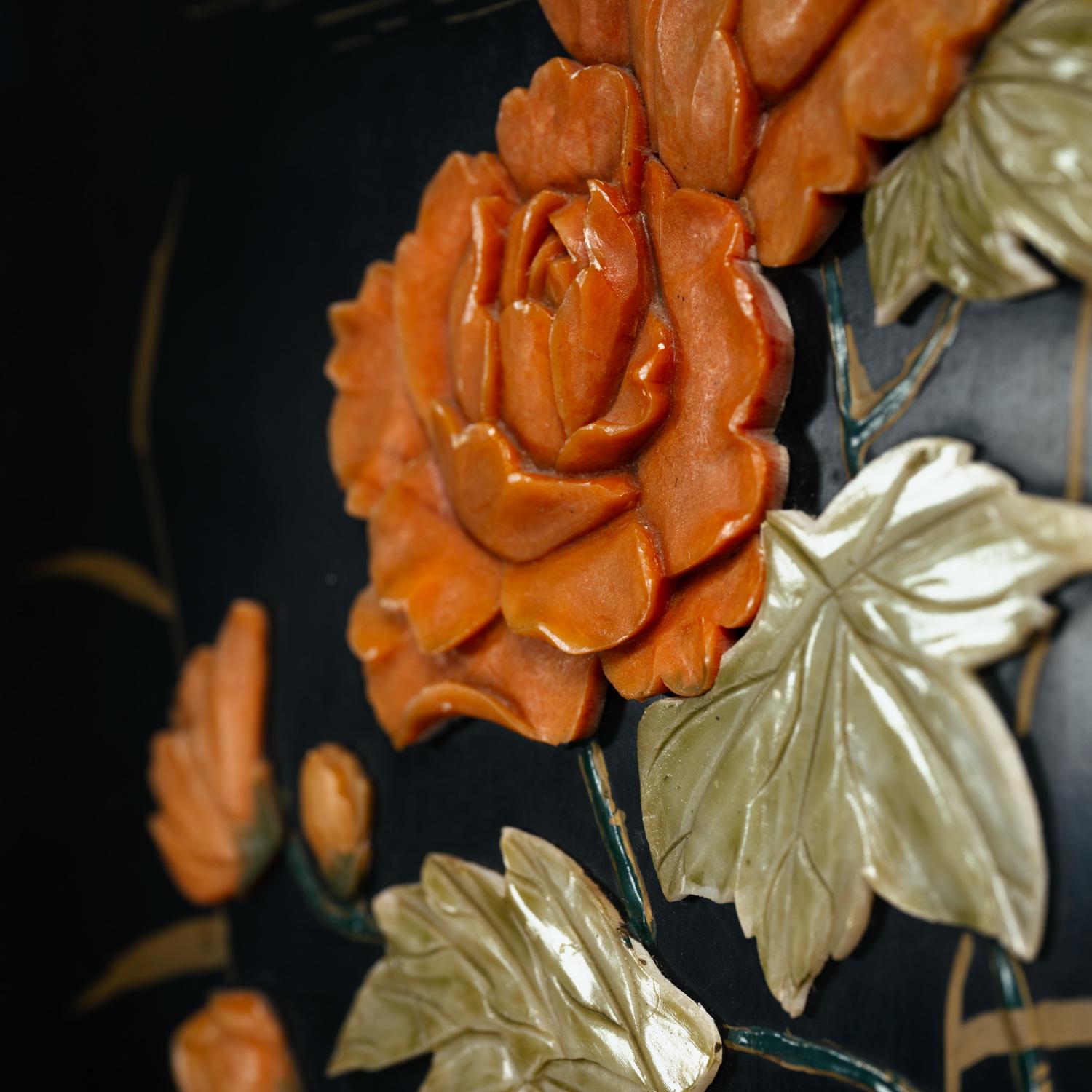 Roomdivider black chinese with mother of pearl mozaic, stone carved birds, 1950s 6