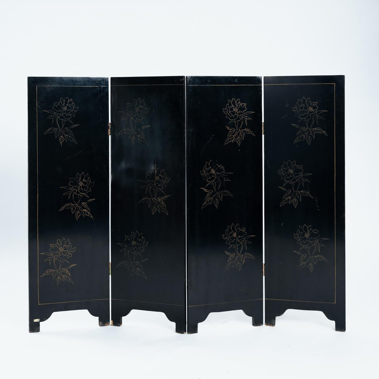 Vintage black laquered Chinese roomdivider paravent, stone carved birds, mozaic For Sale 13