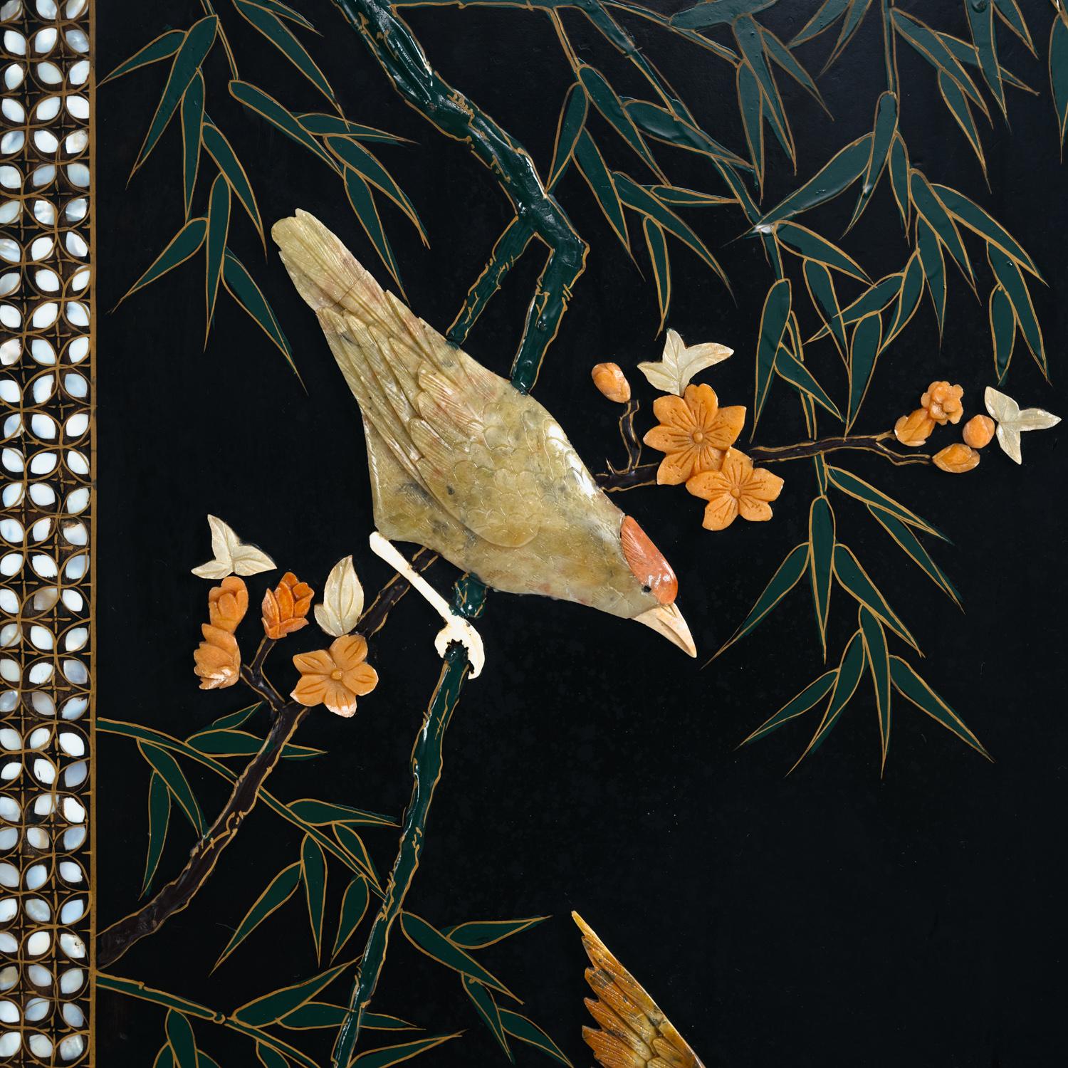 Mid-Century Modern Roomdivider black chinese with mother of pearl mozaic, stone carved birds, 1950s