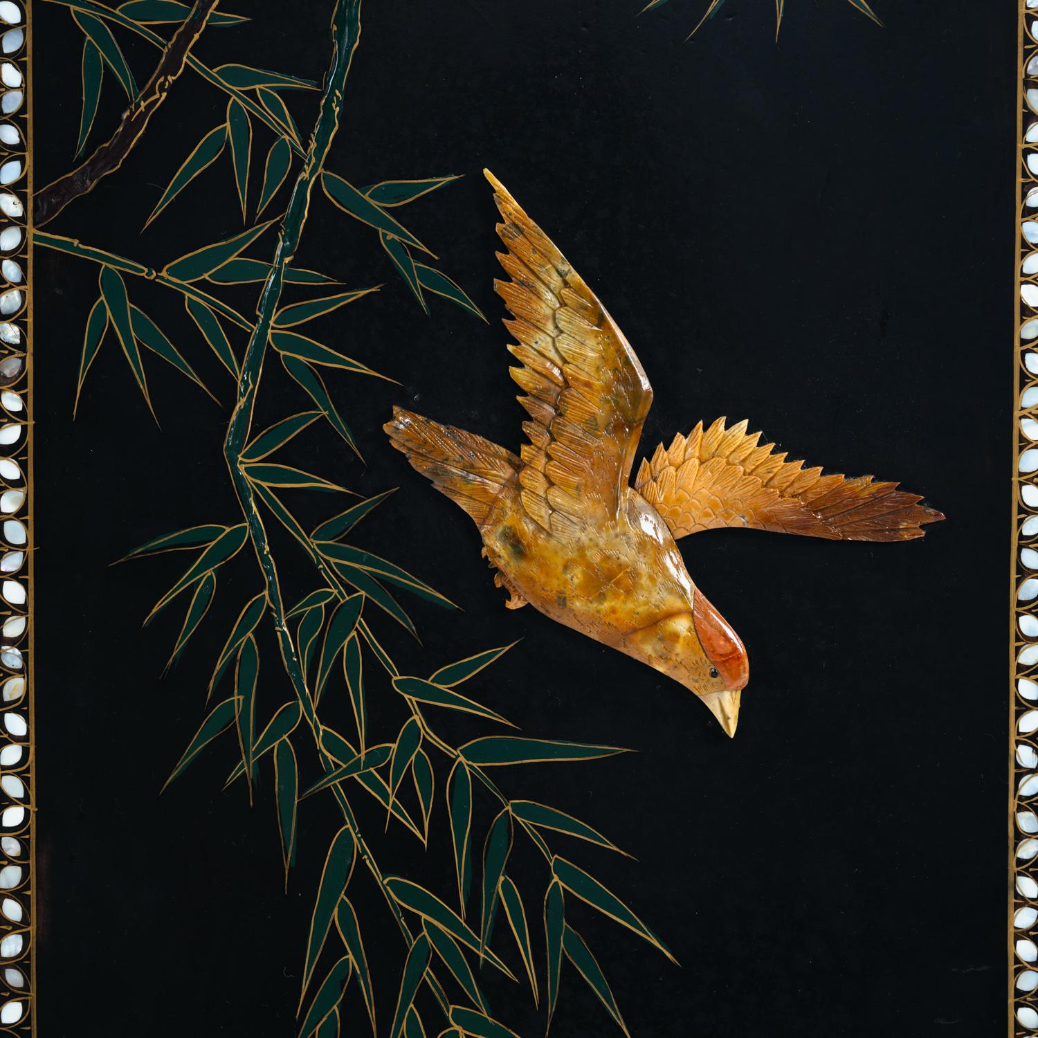 Chinese Roomdivider black chinese with mother of pearl mozaic, stone carved birds, 1950s
