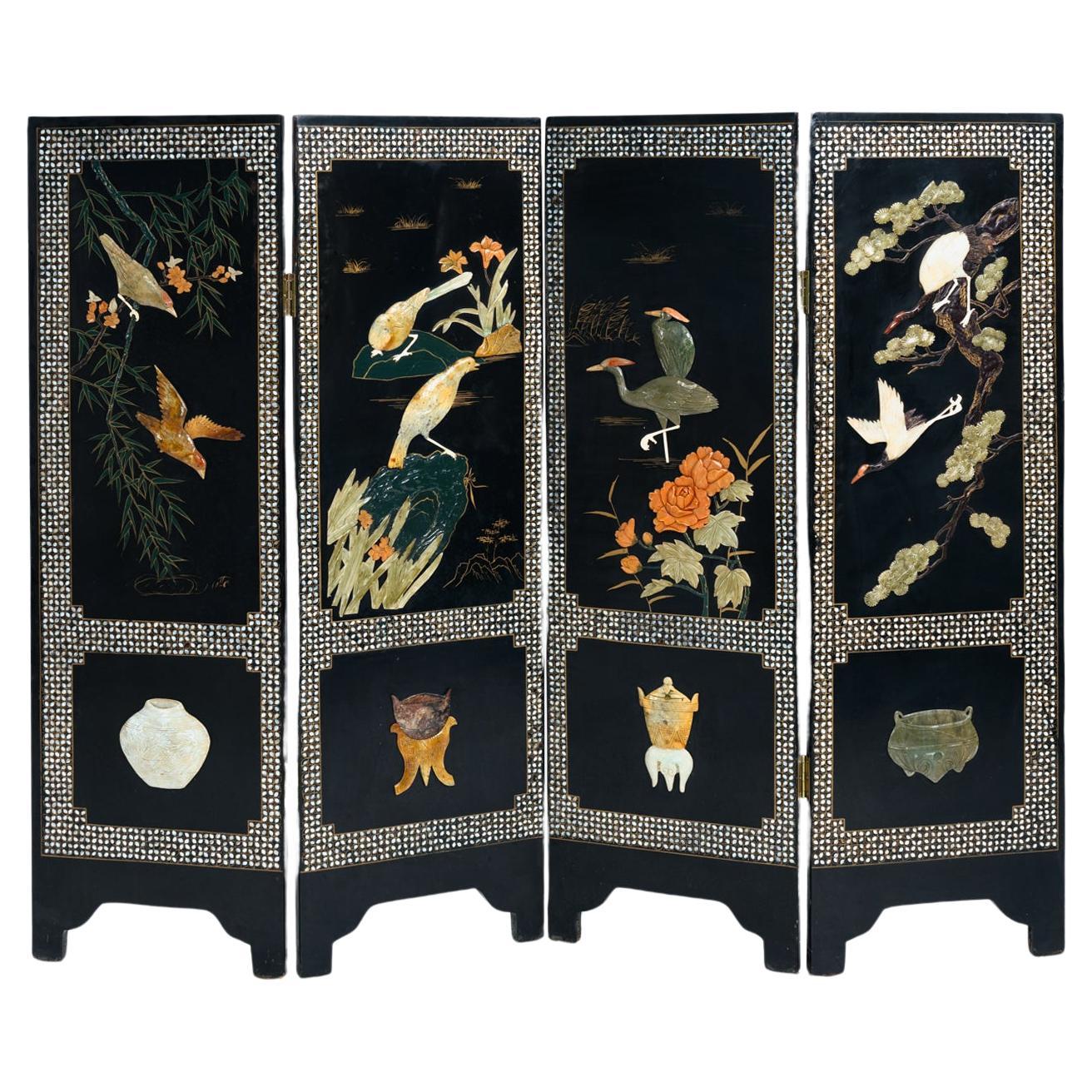Vintage black laquered Chinese roomdivider paravent, stone carved birds, mozaic For Sale