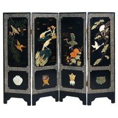 Roomdivider black chinese with mother of pearl mozaic, stone carved birds, 1950s