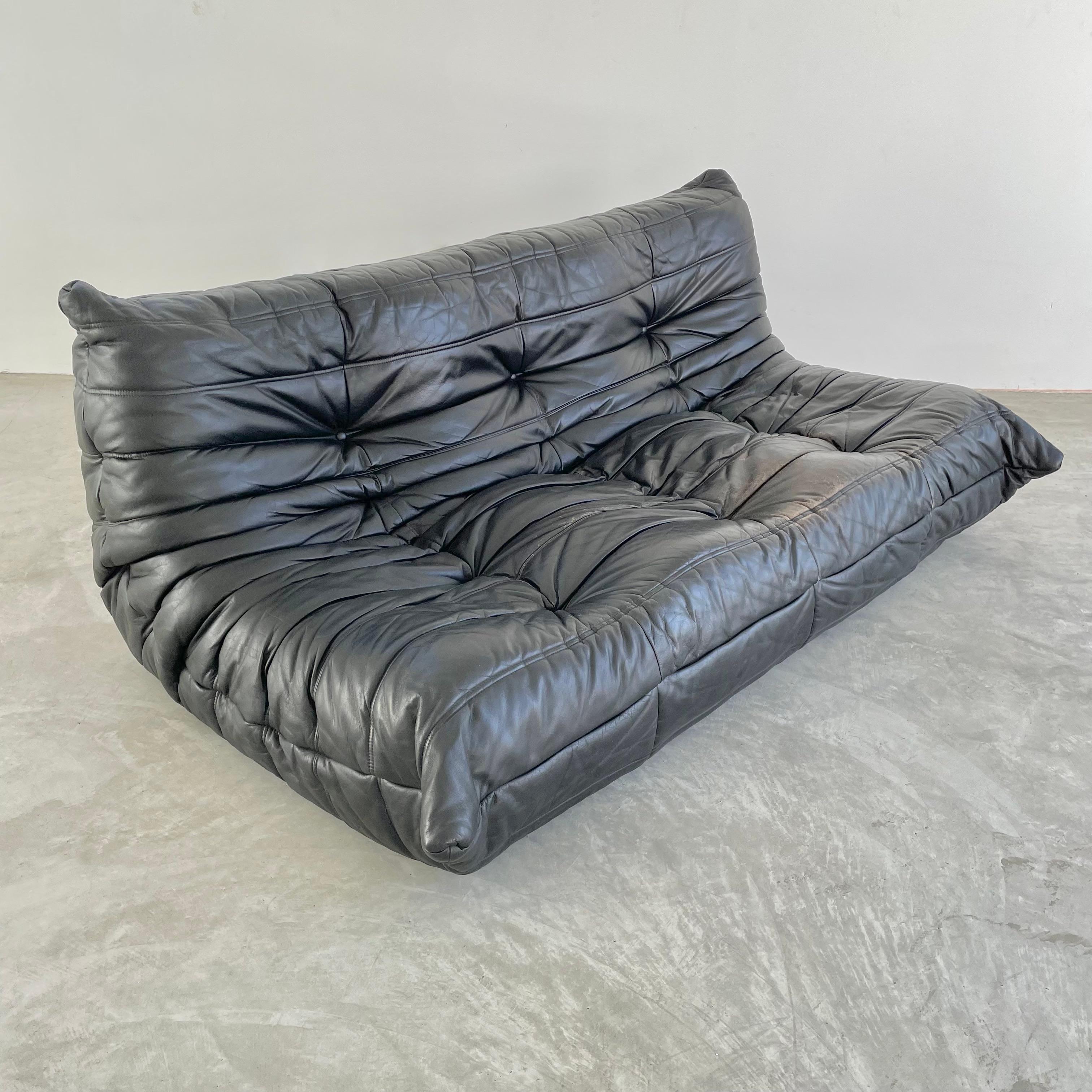 Vintage Black Leather 3 Seater Togo by Ligne Roset 2