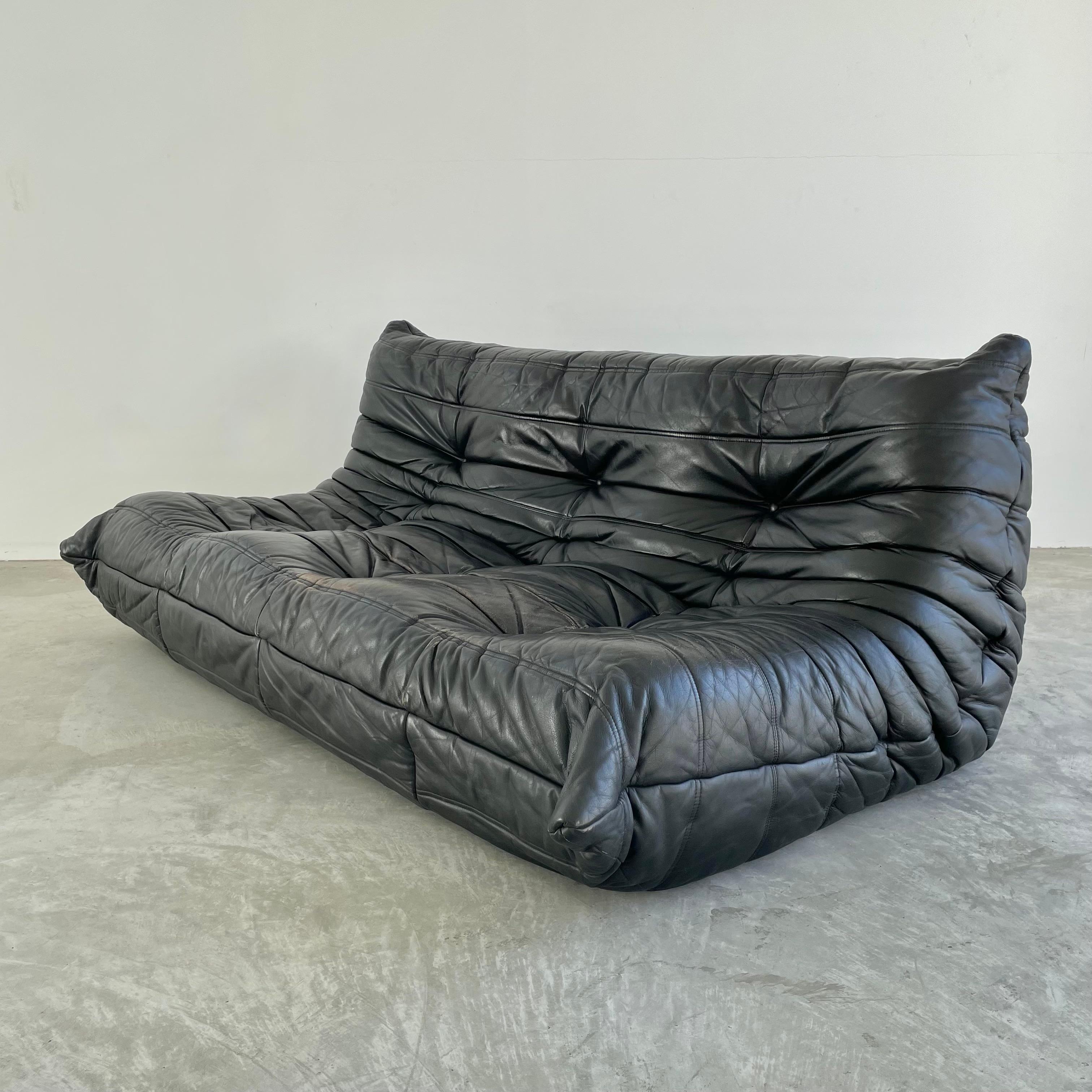 Vintage Black Leather 3 Seater Togo by Ligne Roset 7
