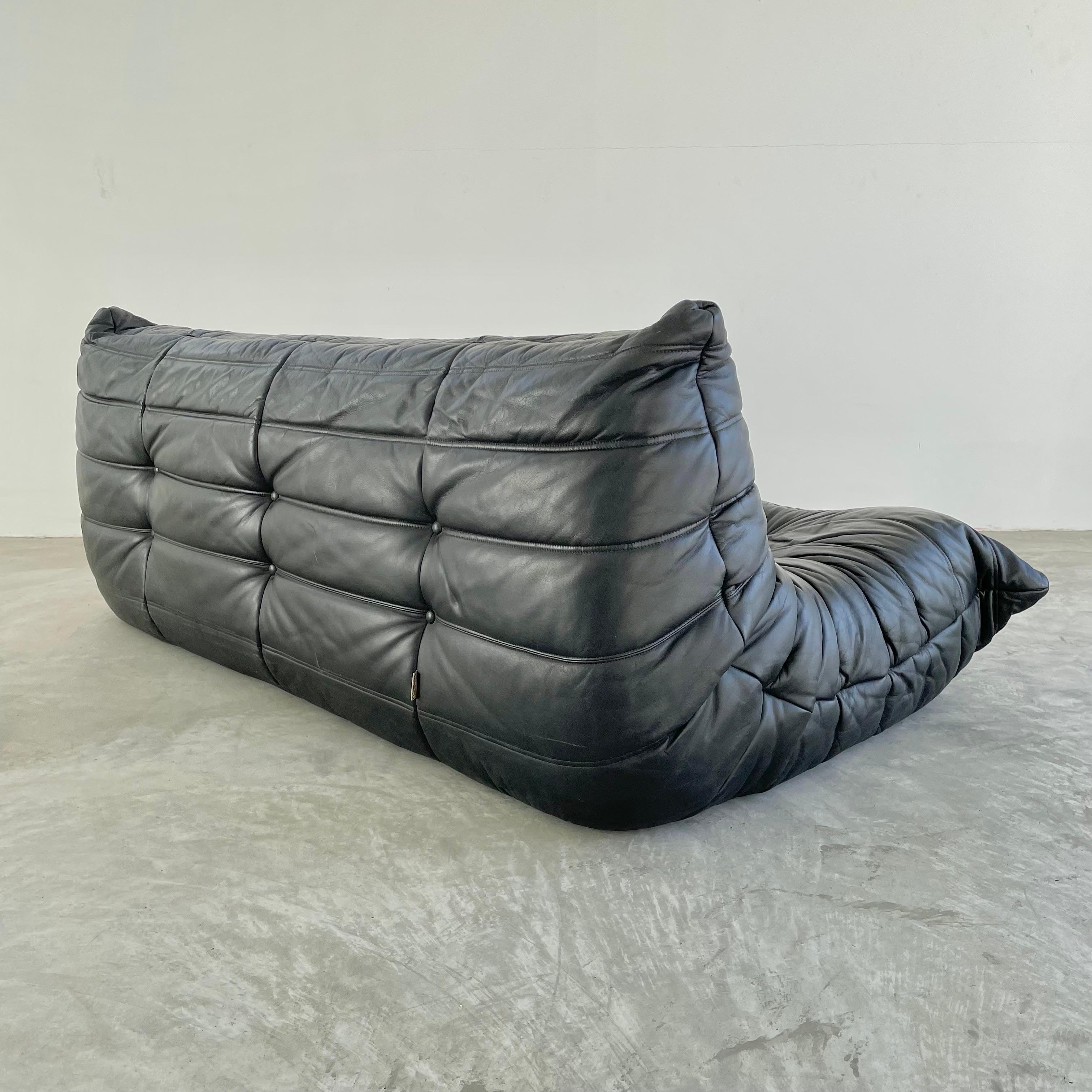 French Vintage Black Leather 3 Seater Togo by Ligne Roset